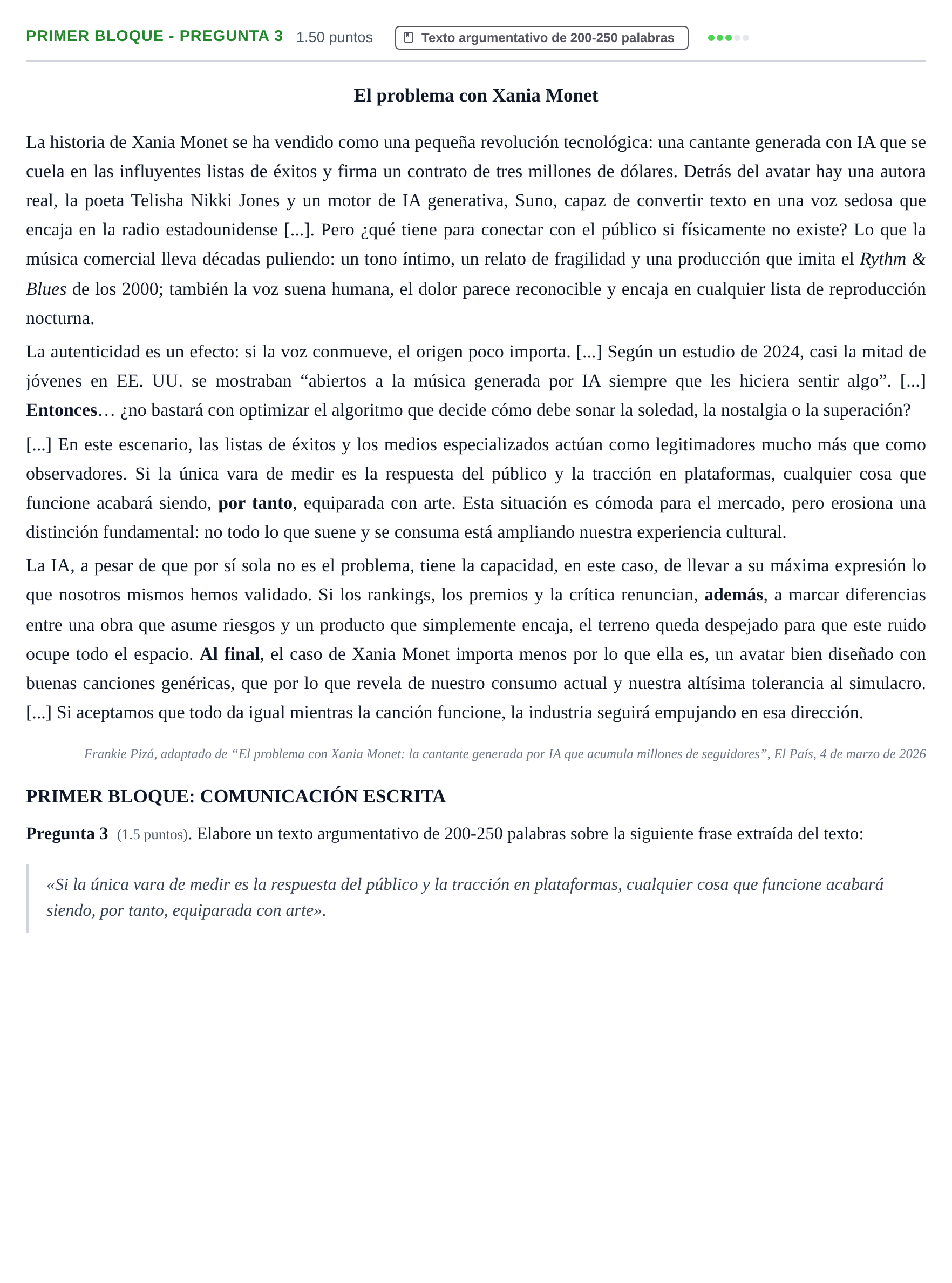 Enunciado: Ejercicio Primer Bloque - Pregunta 3 · Lengua Castellana y Literatura II PAU Extremadura Extraordinaria 2026