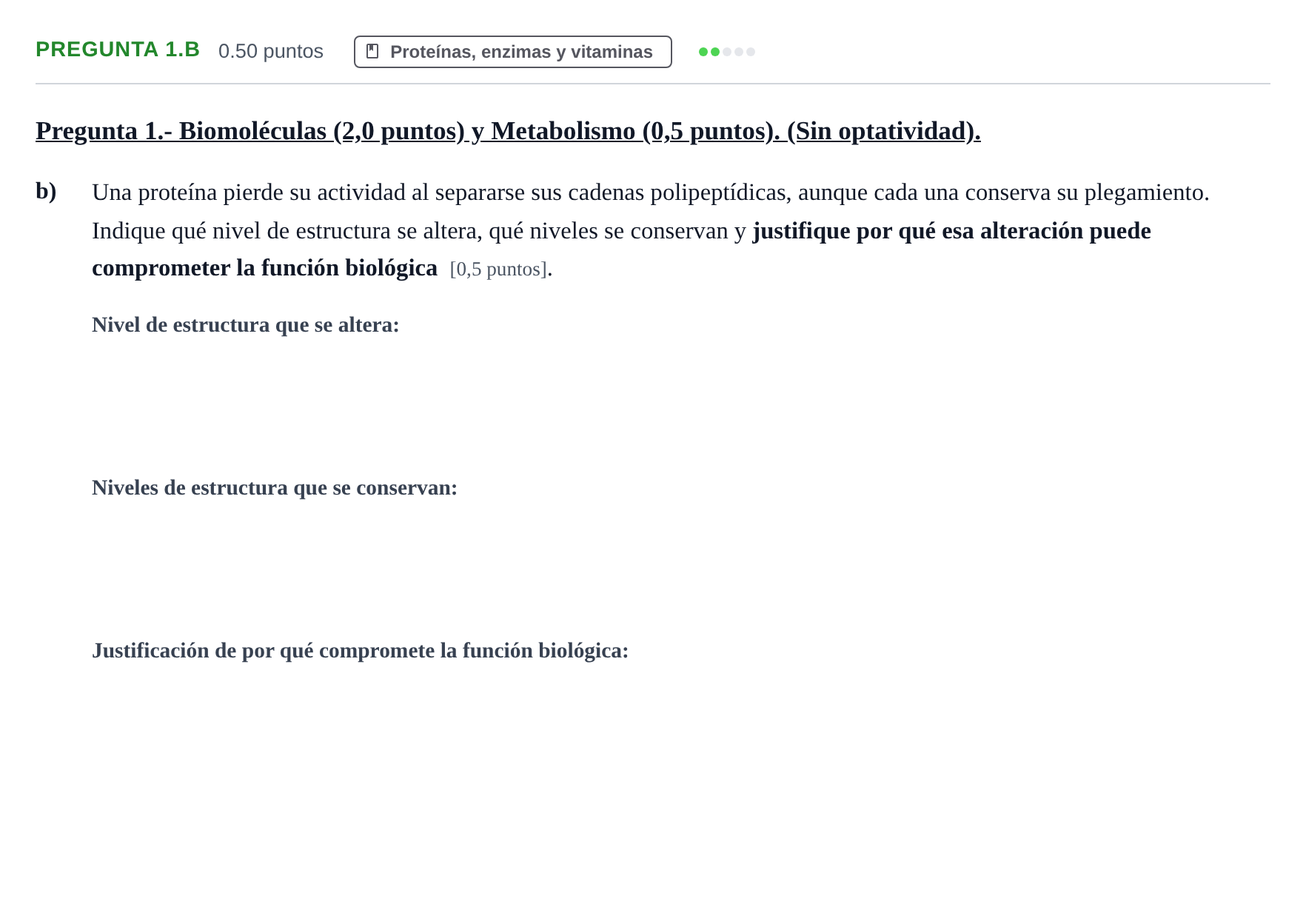Enunciado: Pregunta 1.b - Proteínas · Biología PAU Extremadura Extraordinaria 2026