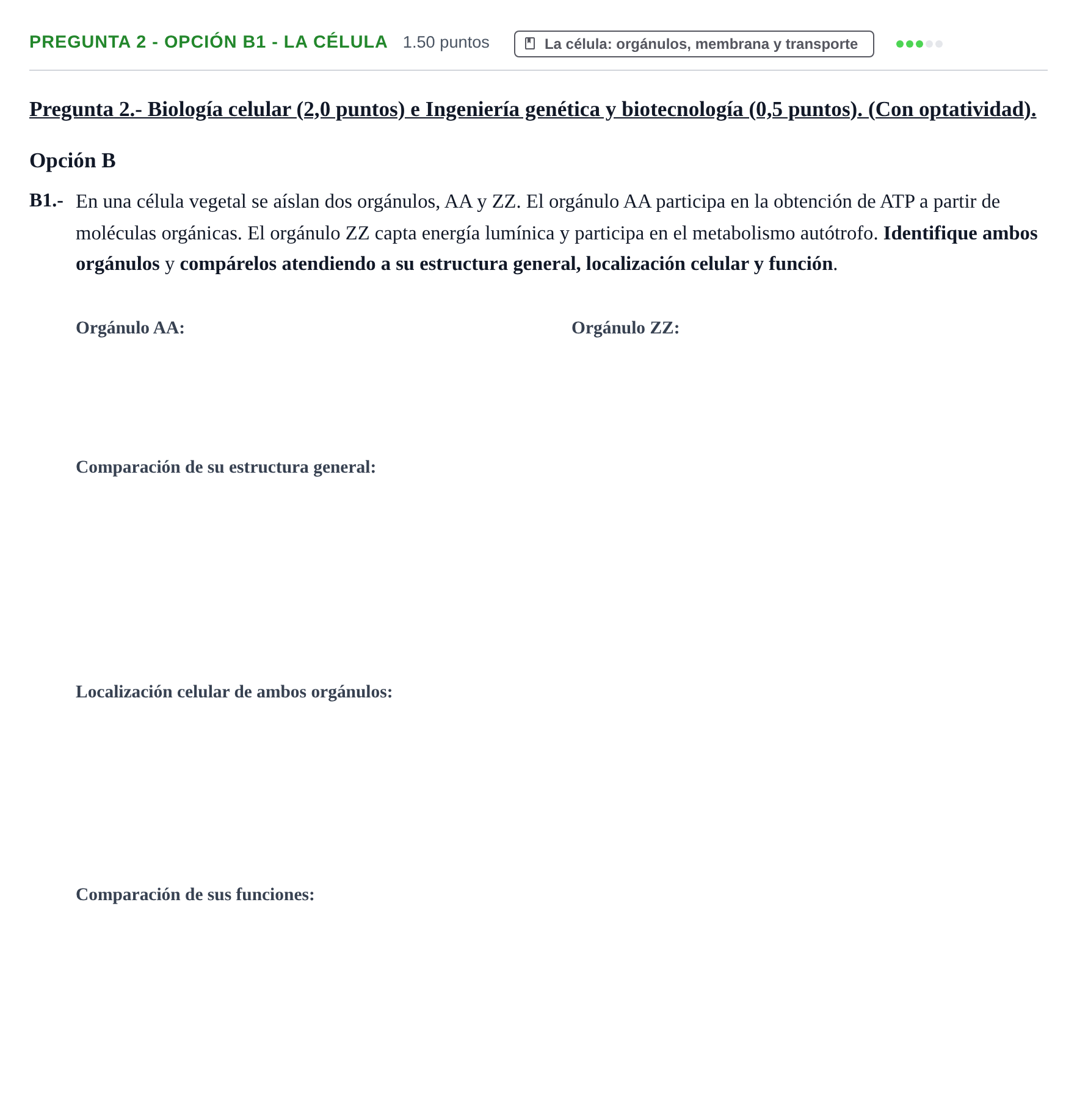 Enunciado: Pregunta 2 - Opción B1 - La célula · Biología PAU Extremadura Extraordinaria 2026