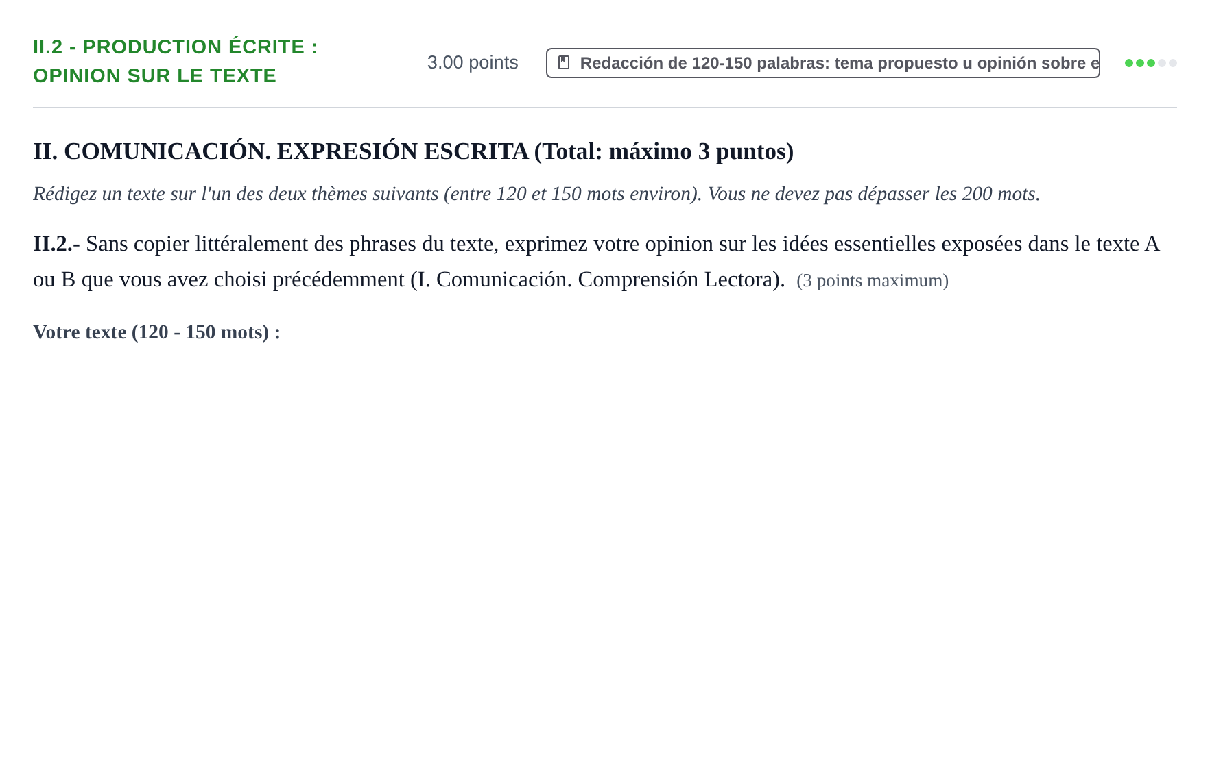 Enunciado: Ejercicio II.2 - Production écrite : opinion sur le texte · Francés PAU Extremadura Extraordinaria 2026