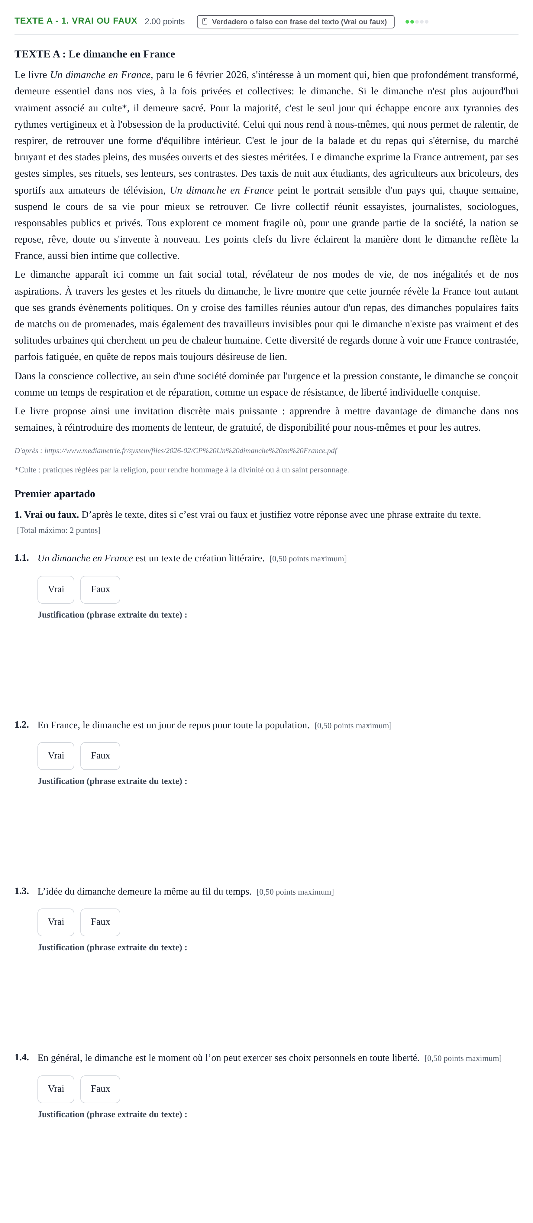 Enunciado: Ejercicio Texte A - 1. Vrai ou faux · Francés PAU Extremadura Extraordinaria 2026