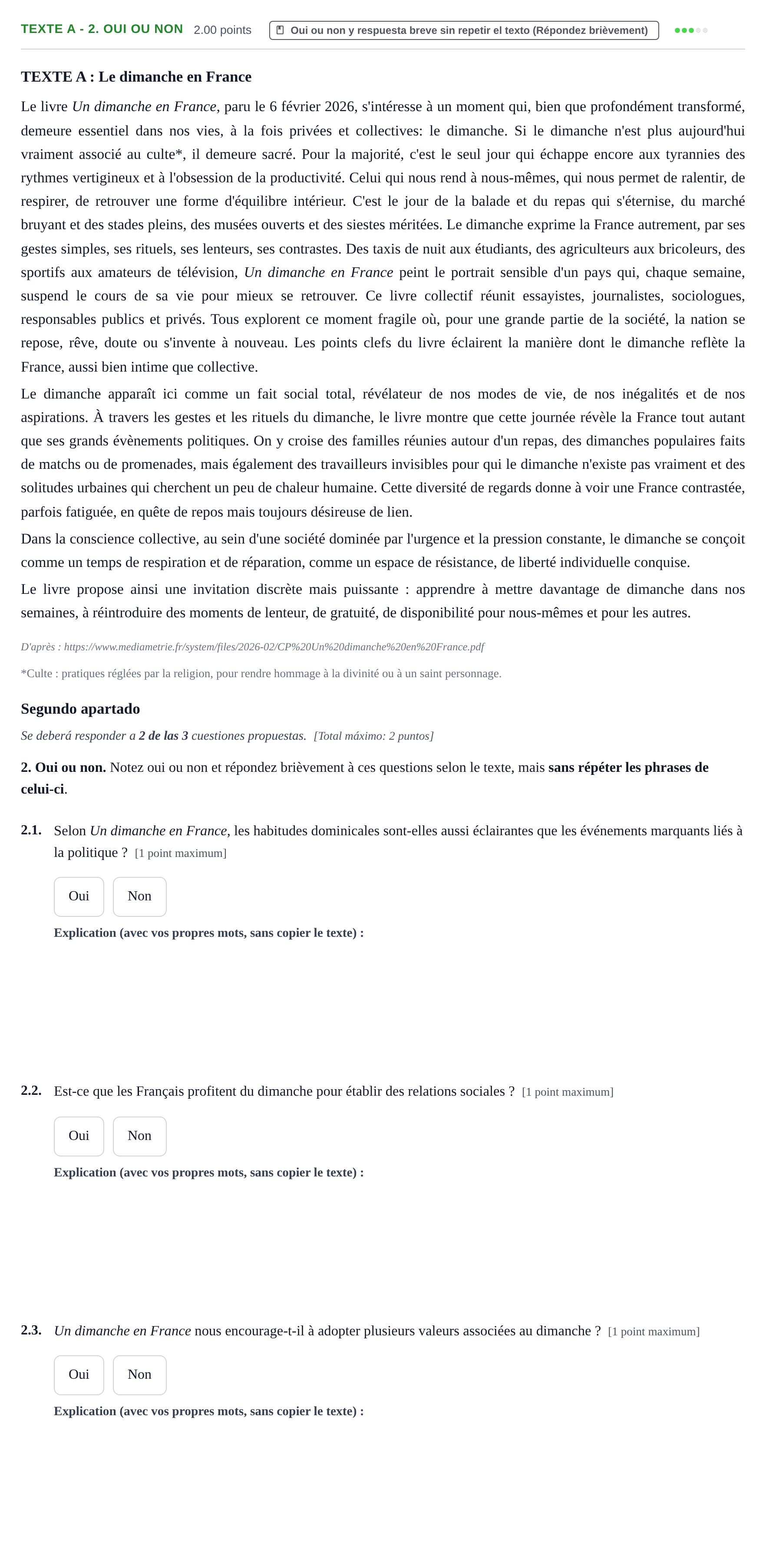 Enunciado: Ejercicio Texte A - 2. Oui ou non · Francés PAU Extremadura Extraordinaria 2026