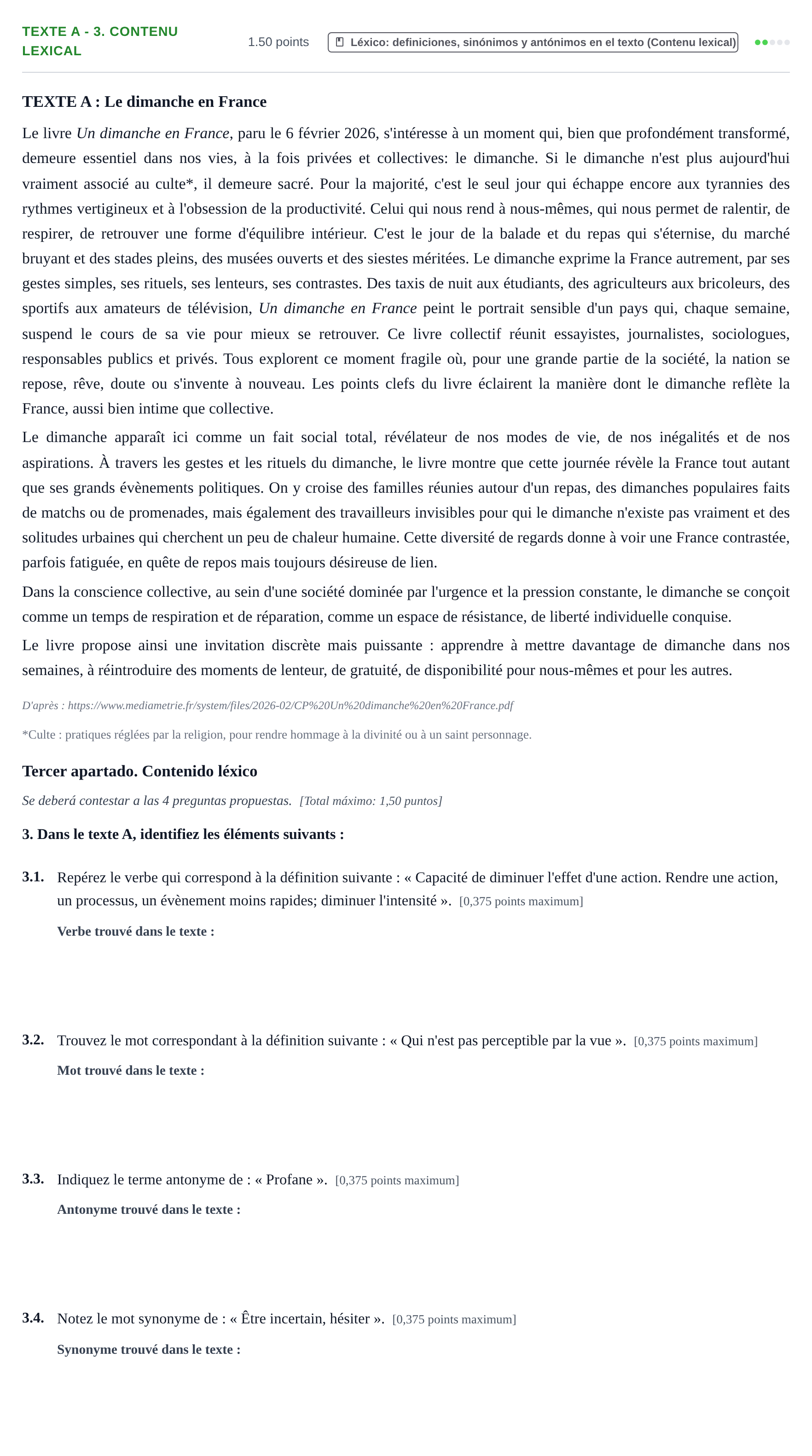 Enunciado: Ejercicio Texte A - 3. Contenu lexical · Francés PAU Extremadura Extraordinaria 2026