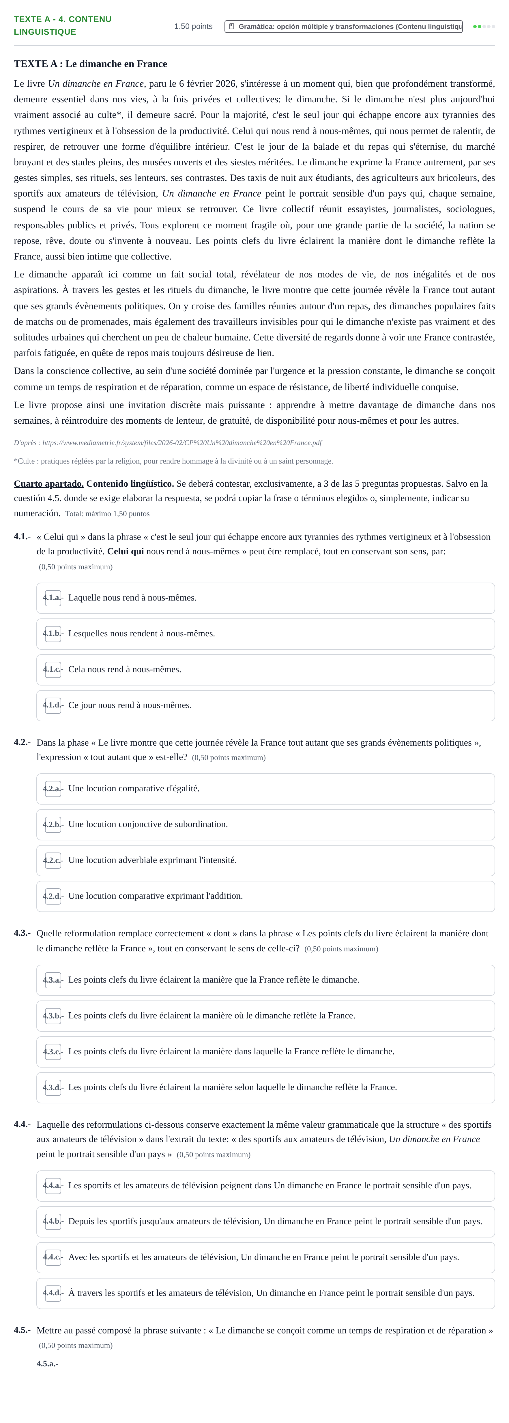 Enunciado: Ejercicio Texte A - 4. Contenu linguistique · Francés PAU Extremadura Extraordinaria 2026