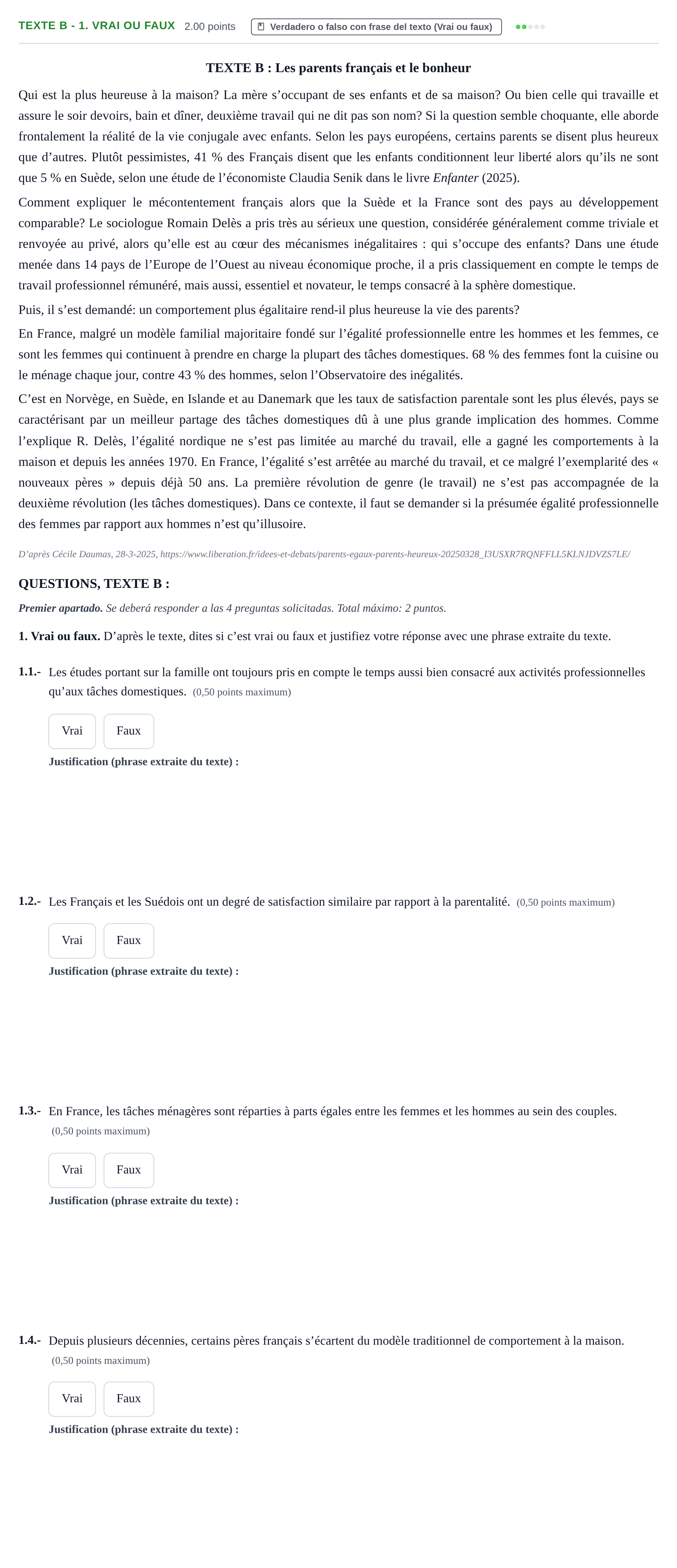 Enunciado: Ejercicio Texte B - 1. Vrai ou faux · Francés PAU Extremadura Extraordinaria 2026