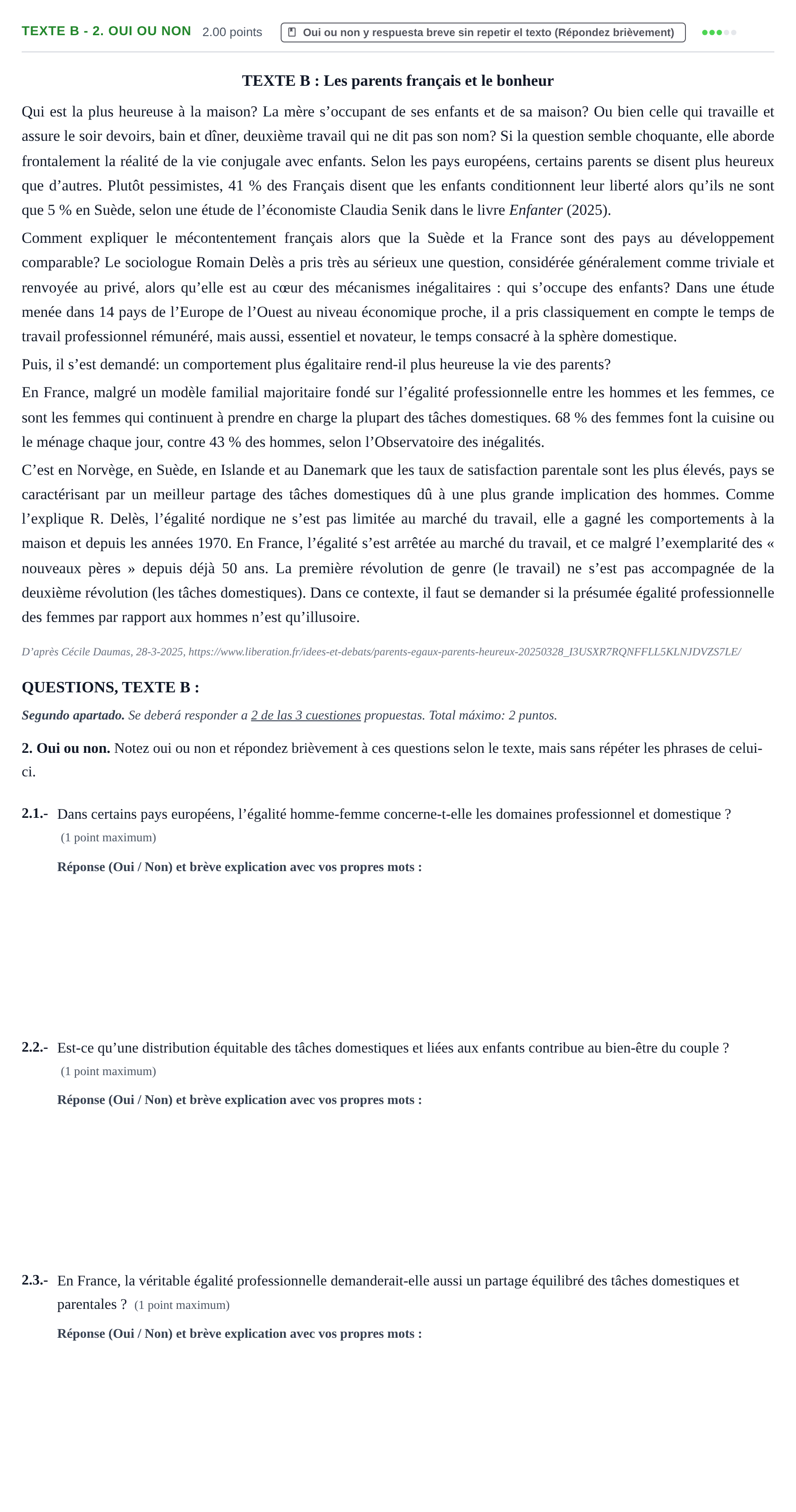 Enunciado: Ejercicio Texte B - 2. Oui ou non · Francés PAU Extremadura Extraordinaria 2026