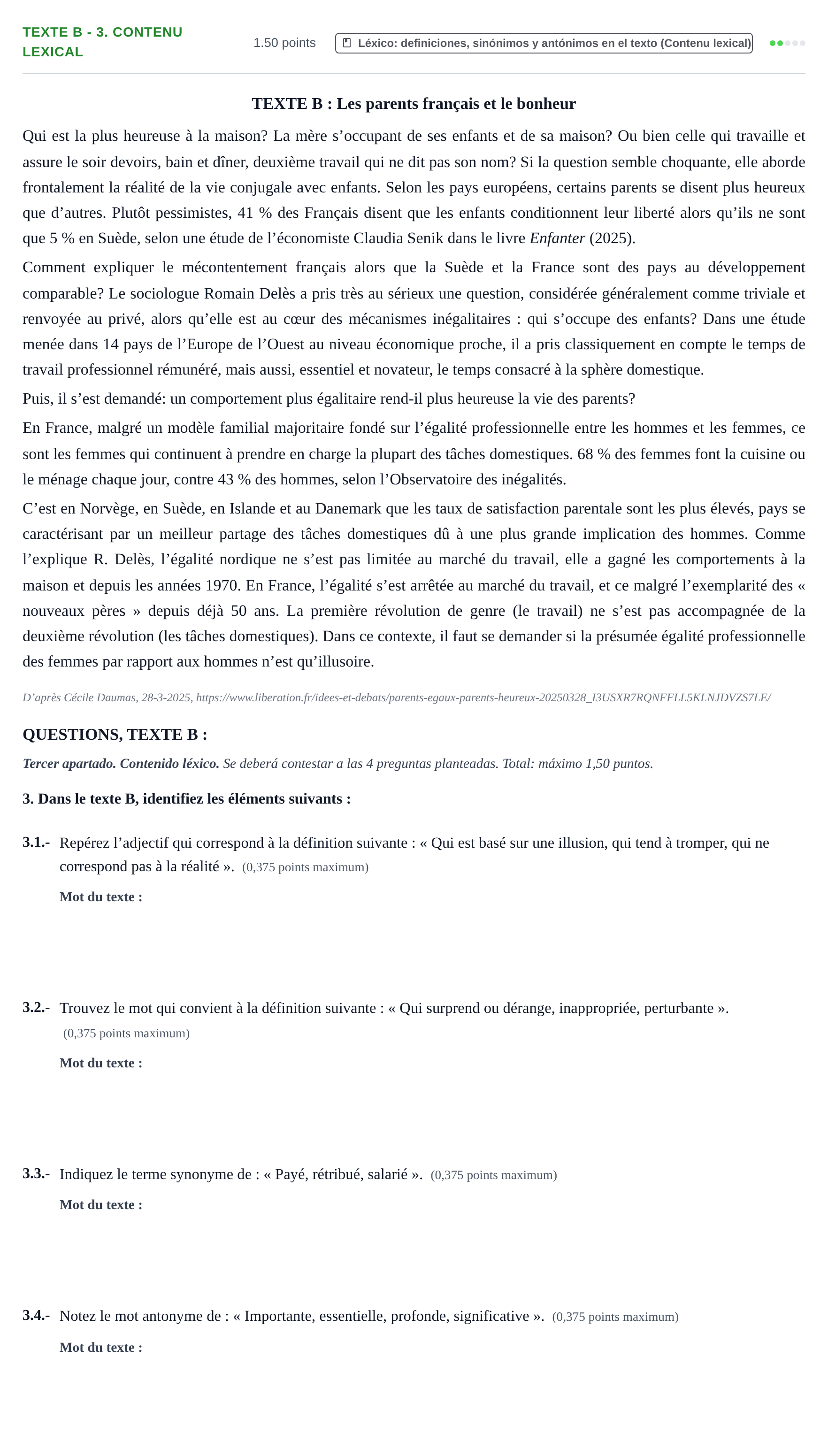 Enunciado: Ejercicio Texte B - 3. Contenu lexical · Francés PAU Extremadura Extraordinaria 2026