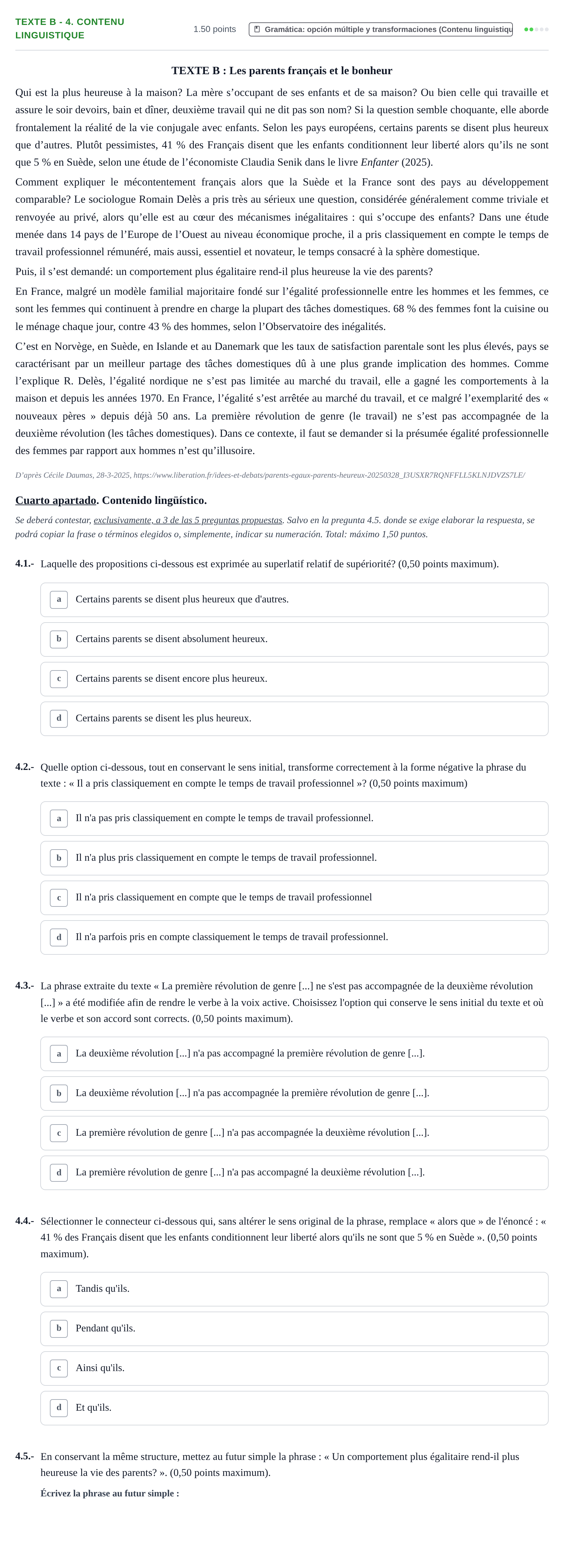 Enunciado: Ejercicio Texte B - 4. Contenu linguistique · Francés PAU Extremadura Extraordinaria 2026