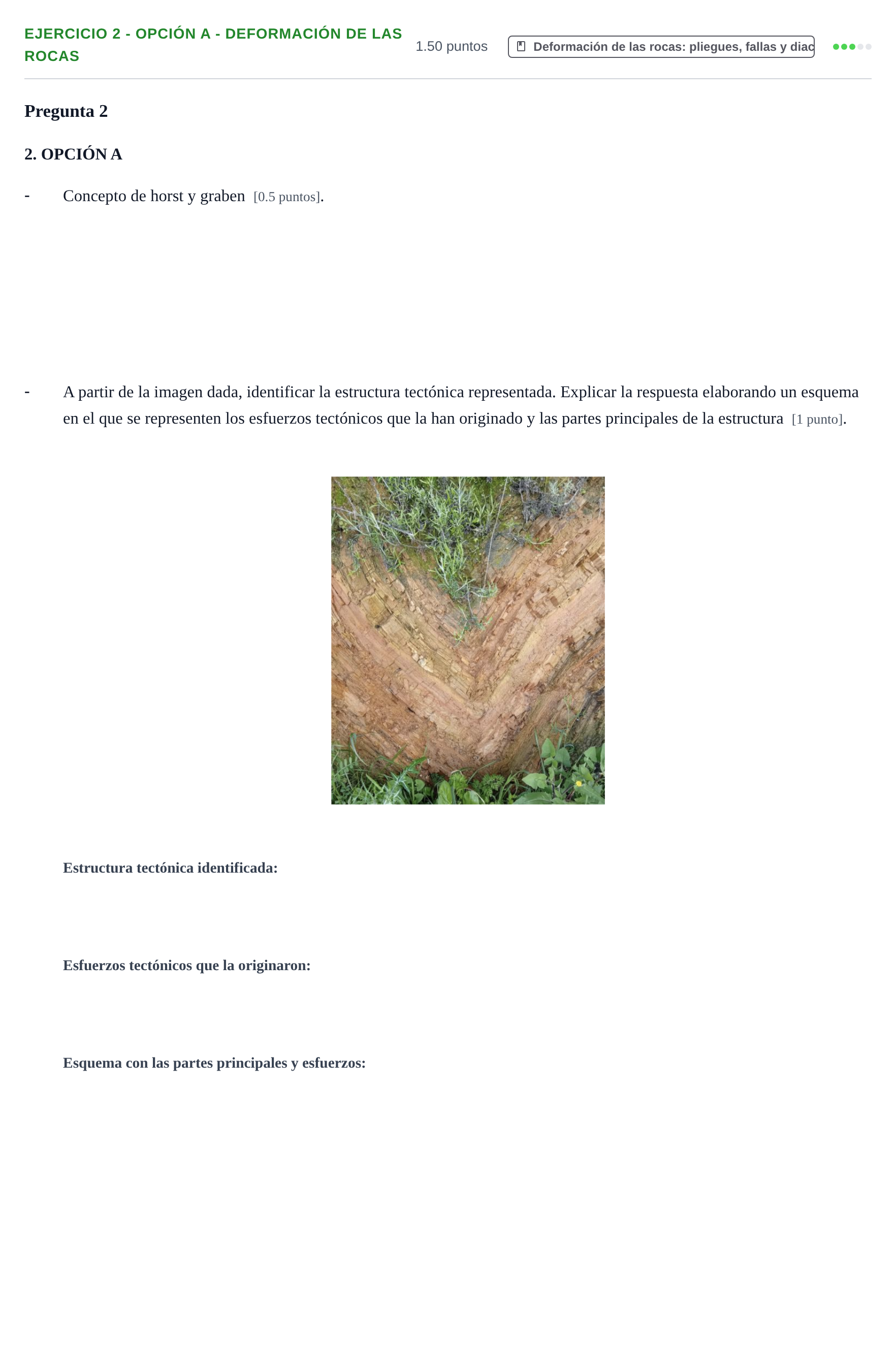 Enunciado: Ejercicio 2 - Opción A - Deformación de las rocas · Geología y Ciencias Ambientales PAU Extremadura Extraordinaria 2026