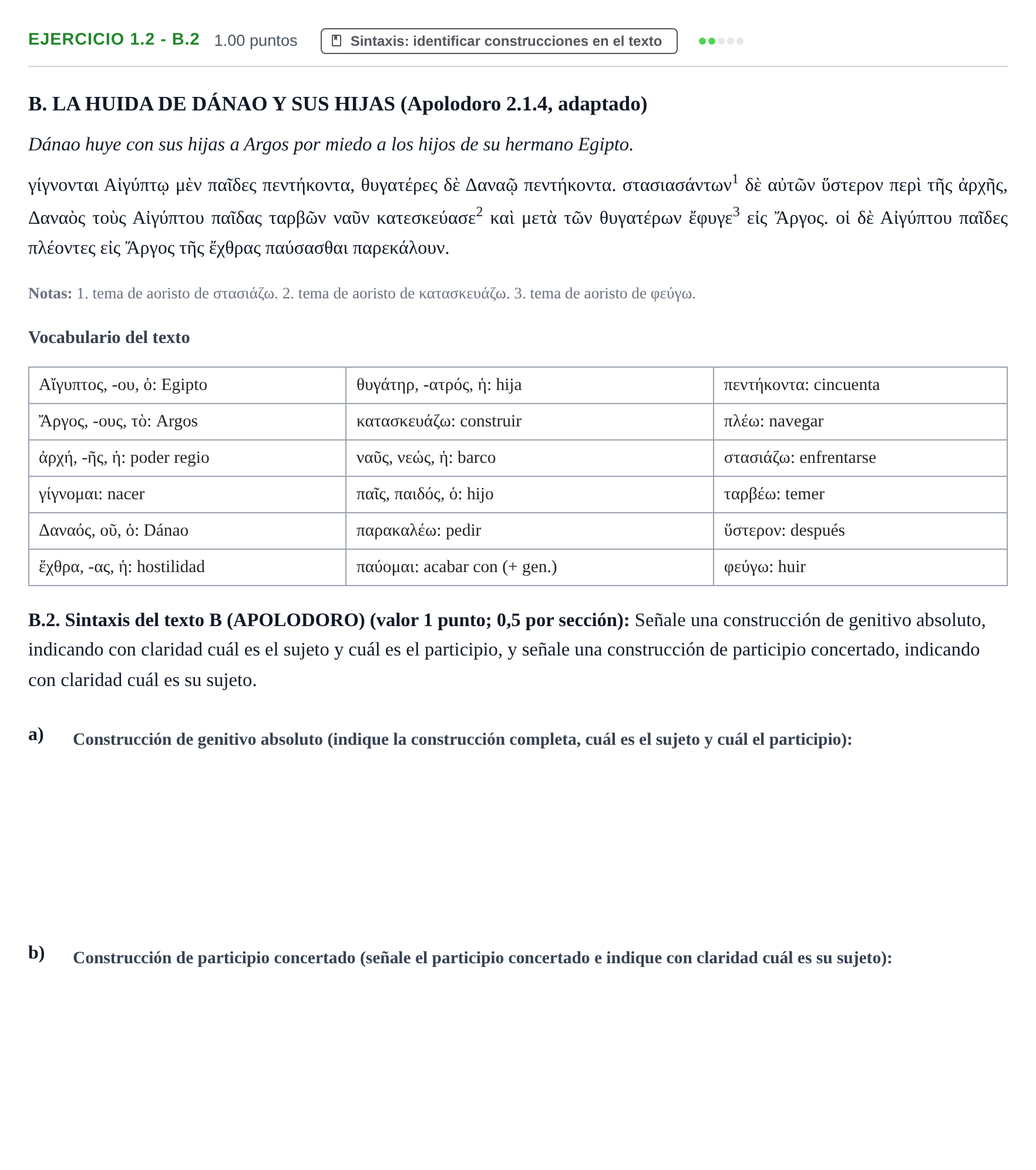 Enunciado: Ejercicio 1.2 - B.2 · Griego II PAU Extremadura Extraordinaria 2026