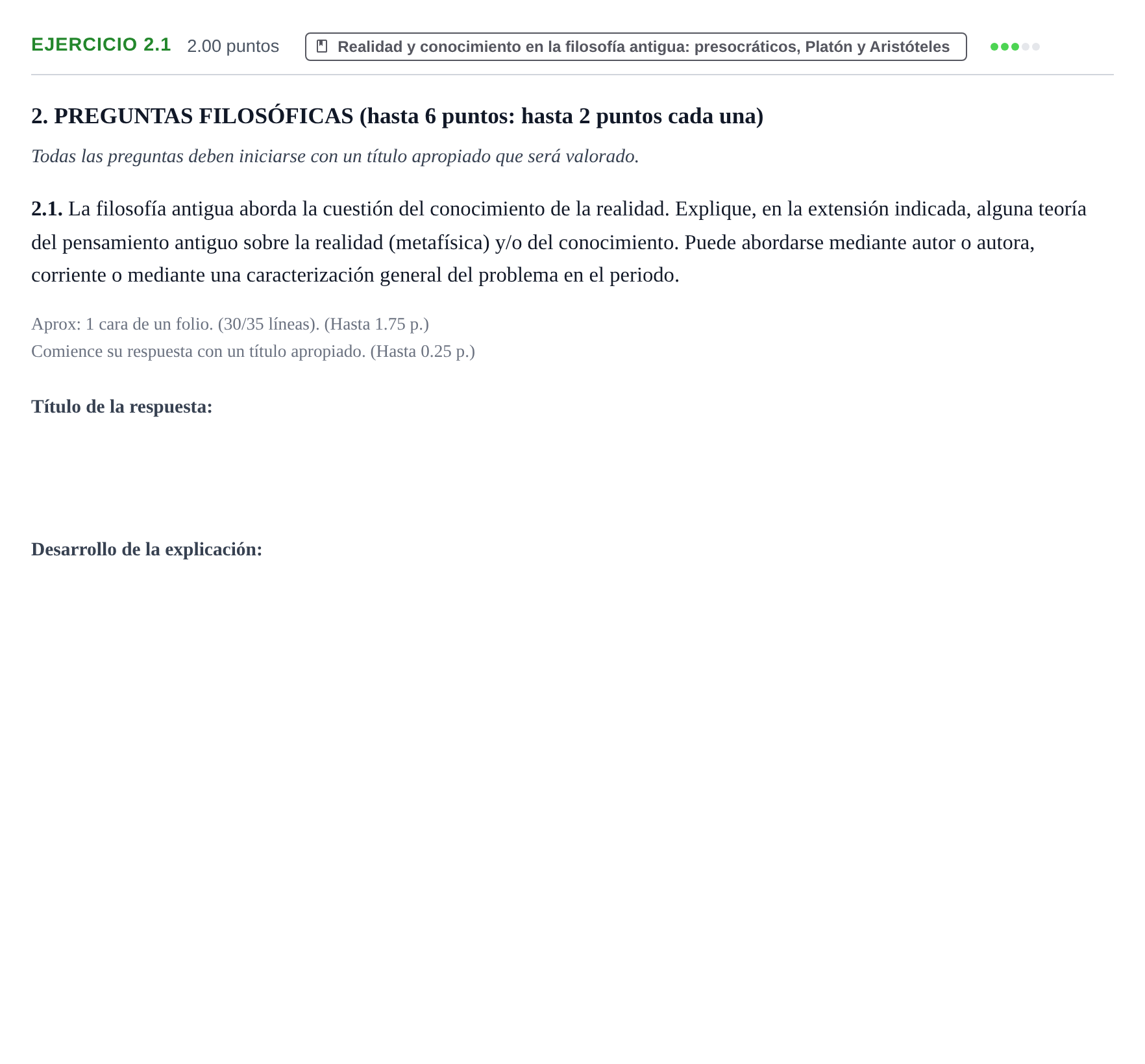 Enunciado: Ejercicio 2.1 · Historia de la Filosofía PAU Extremadura Extraordinaria 2026