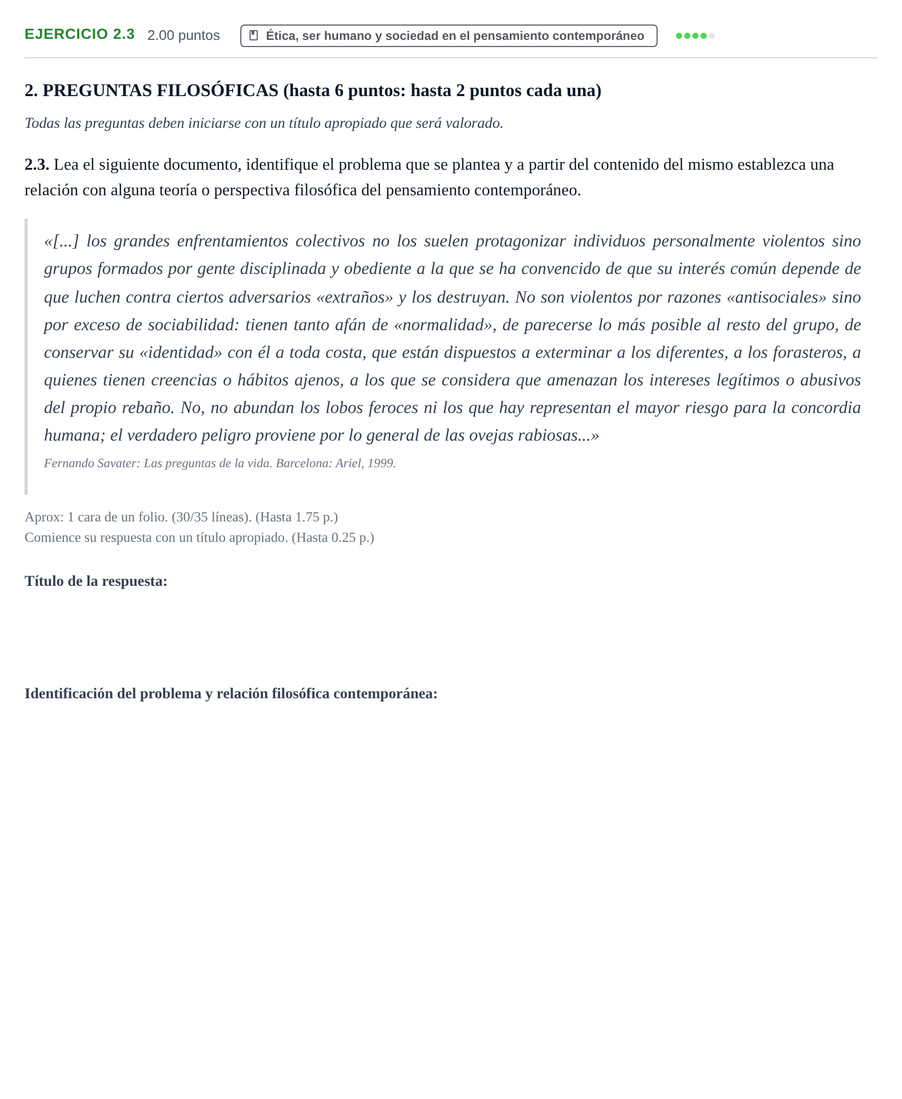 Enunciado: Ejercicio 2.3 · Historia de la Filosofía PAU Extremadura Extraordinaria 2026