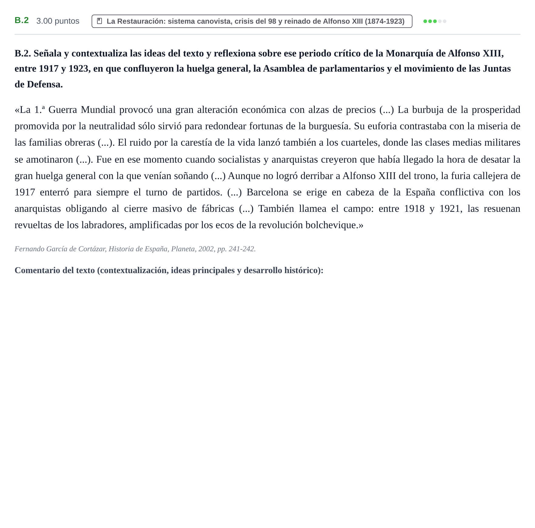 Enunciado: Ejercicio B.2 · Historia de España PAU Extremadura Extraordinaria 2026
