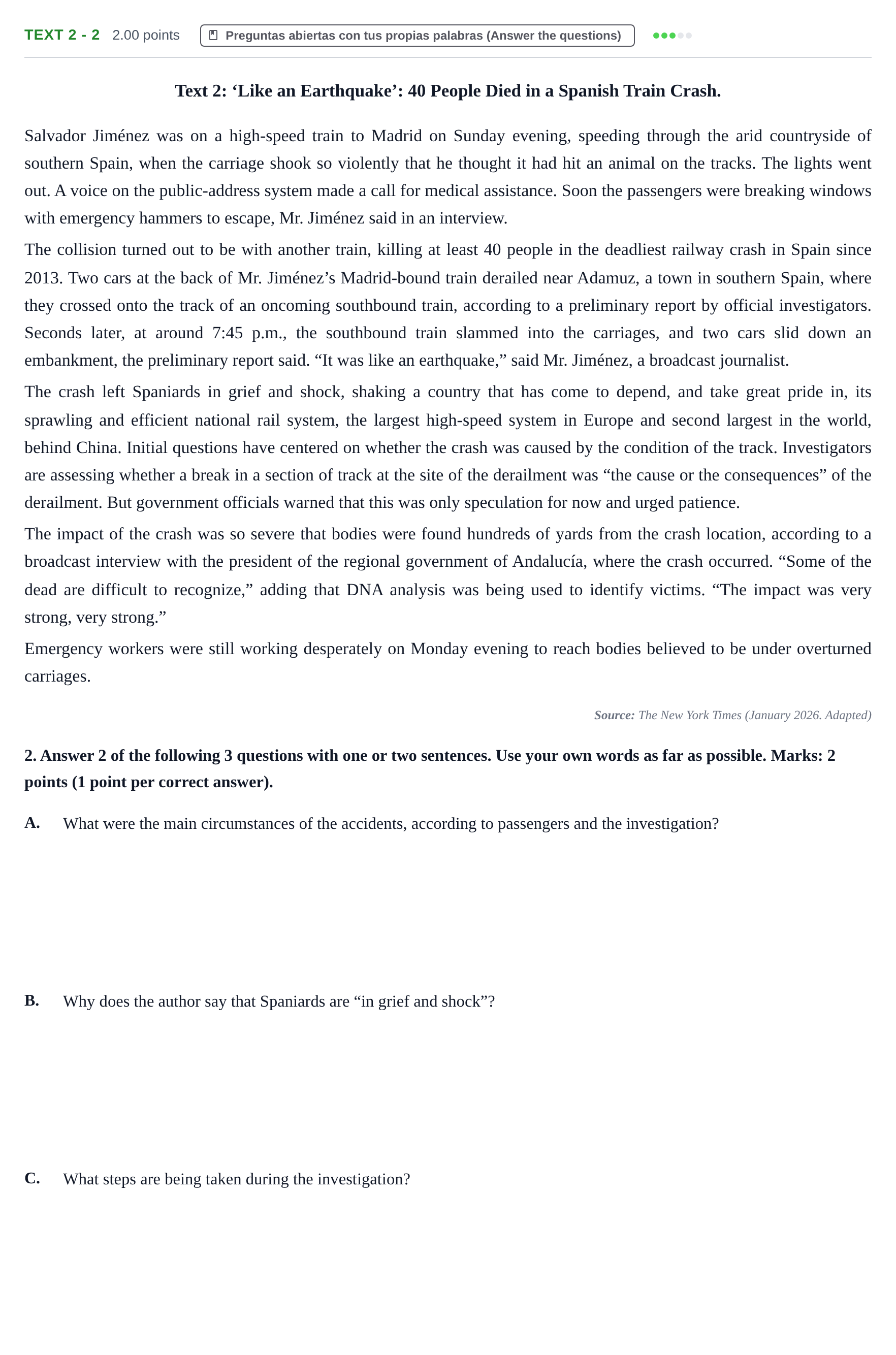 Enunciado: Ejercicio Text 2 - 2 · Inglés PAU Extremadura Extraordinaria 2026
