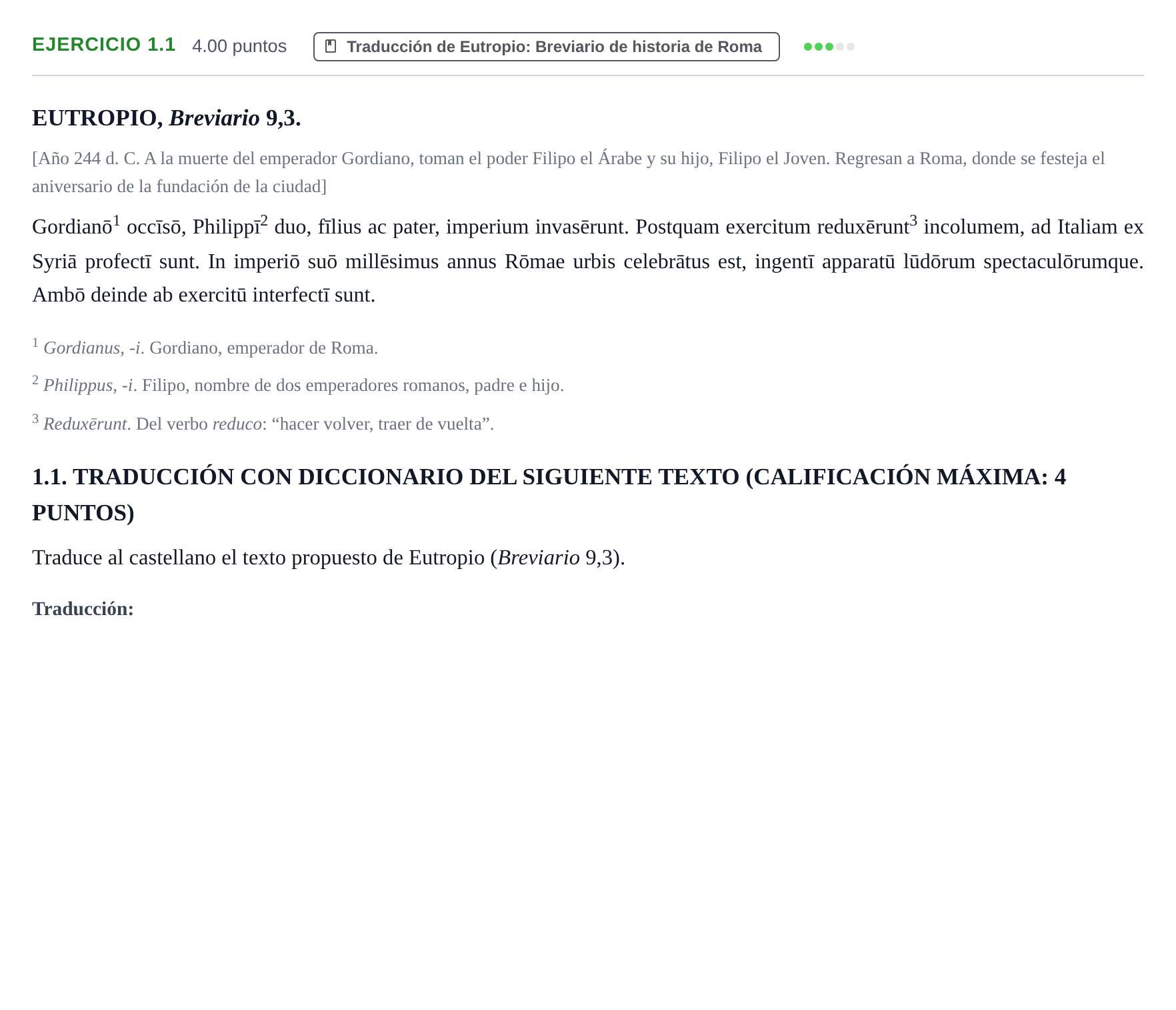 Enunciado: Ejercicio 1.1 · Latín II PAU Extremadura Extraordinaria 2026