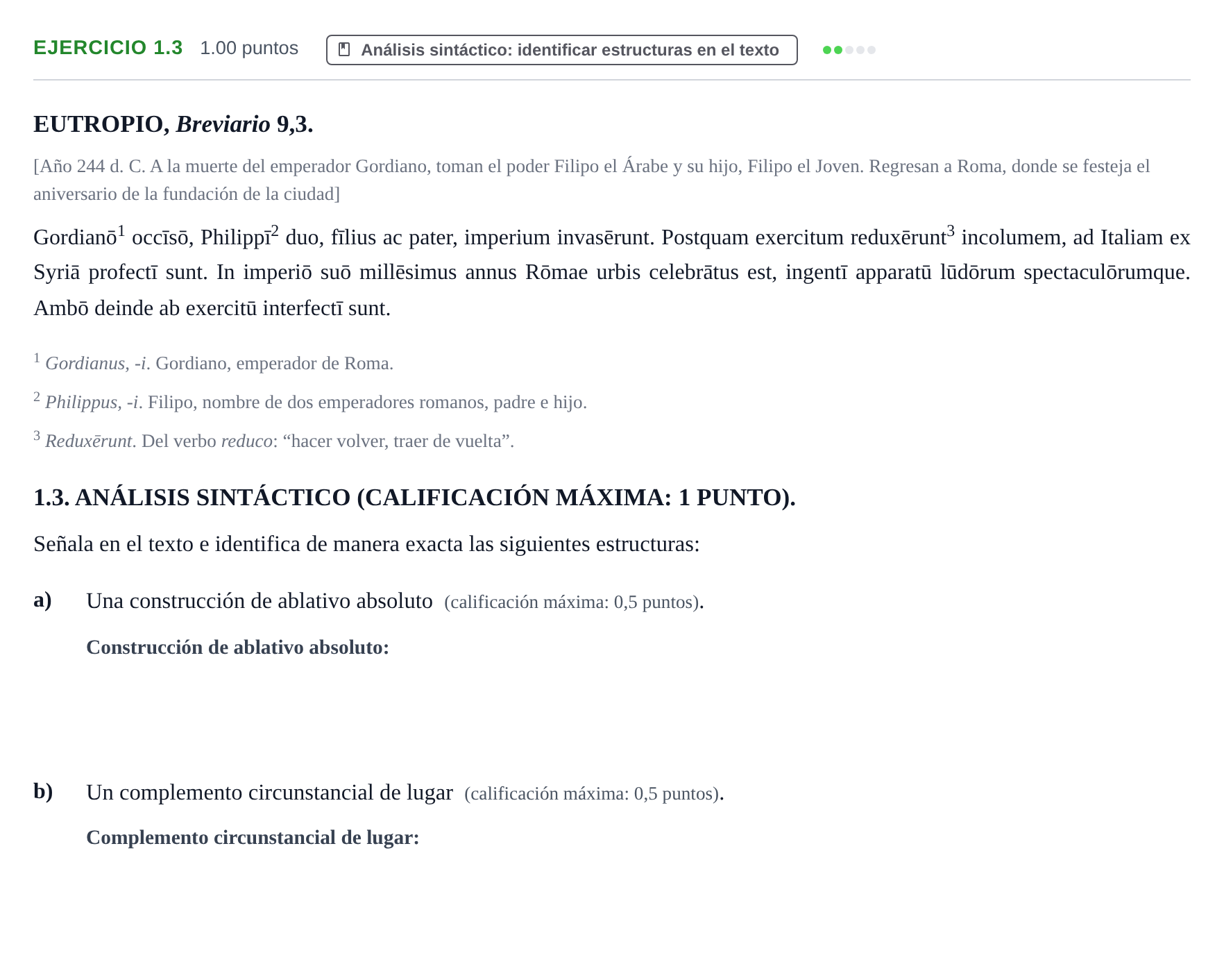 Enunciado: Ejercicio 1.3 · Latín II PAU Extremadura Extraordinaria 2026