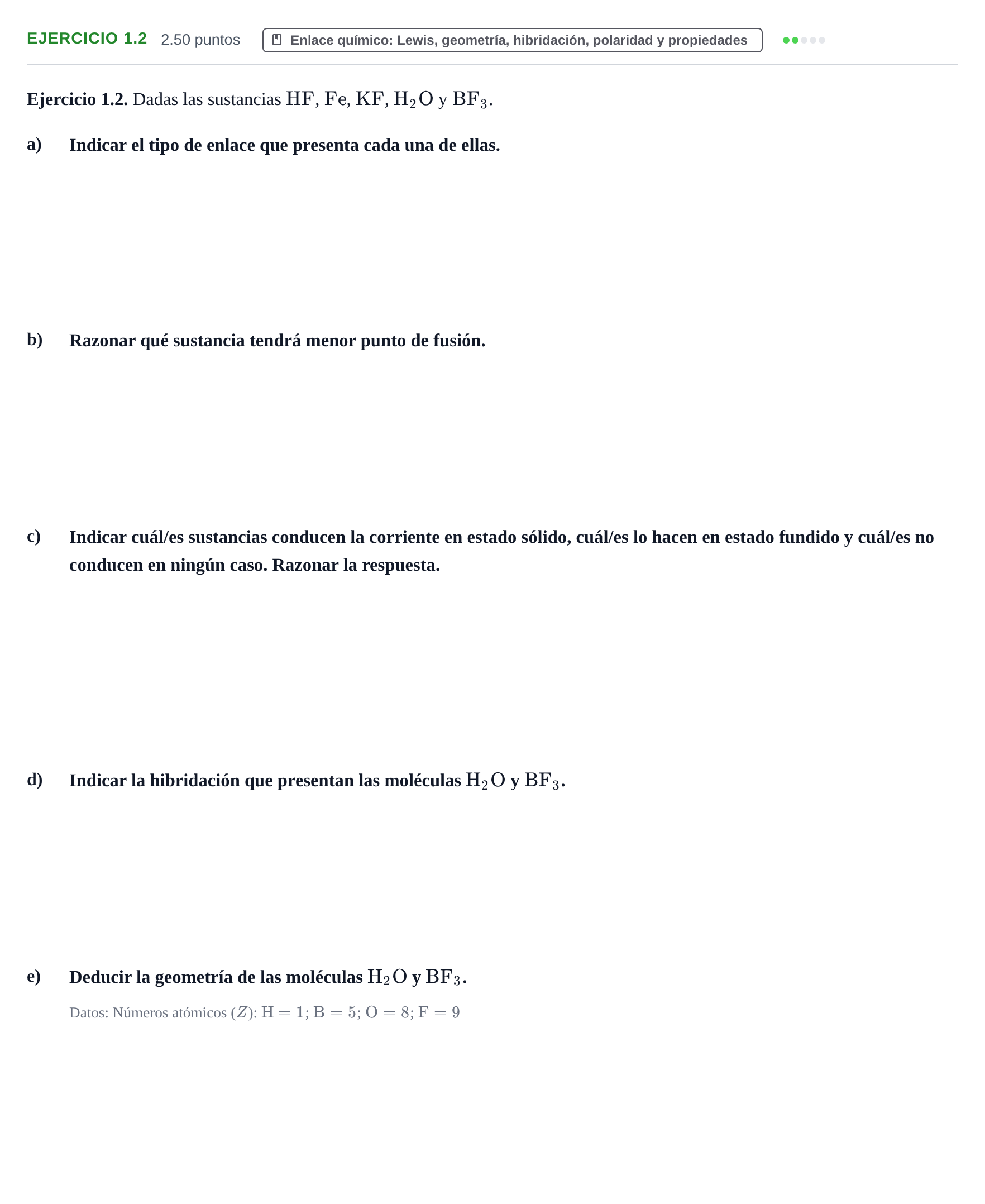 Enunciado: Ejercicio 1.2 · Química PAU Extremadura Extraordinaria 2026