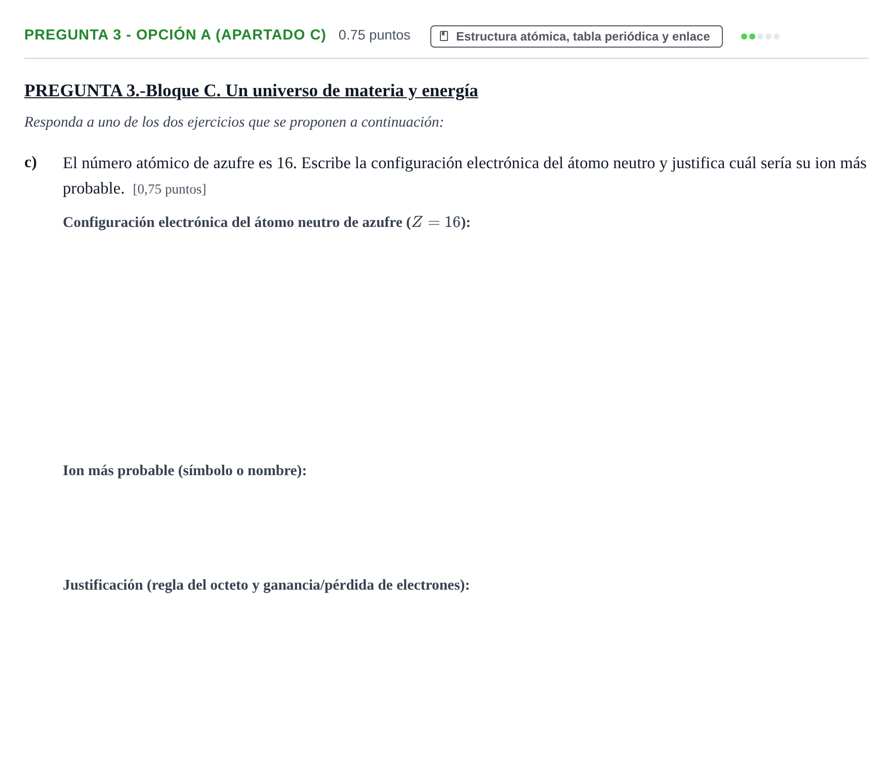 Enunciado: Pregunta 3 - Opción A (Apartado c) · Ciencias Generales PAU Extremadura Ordinaria 2026