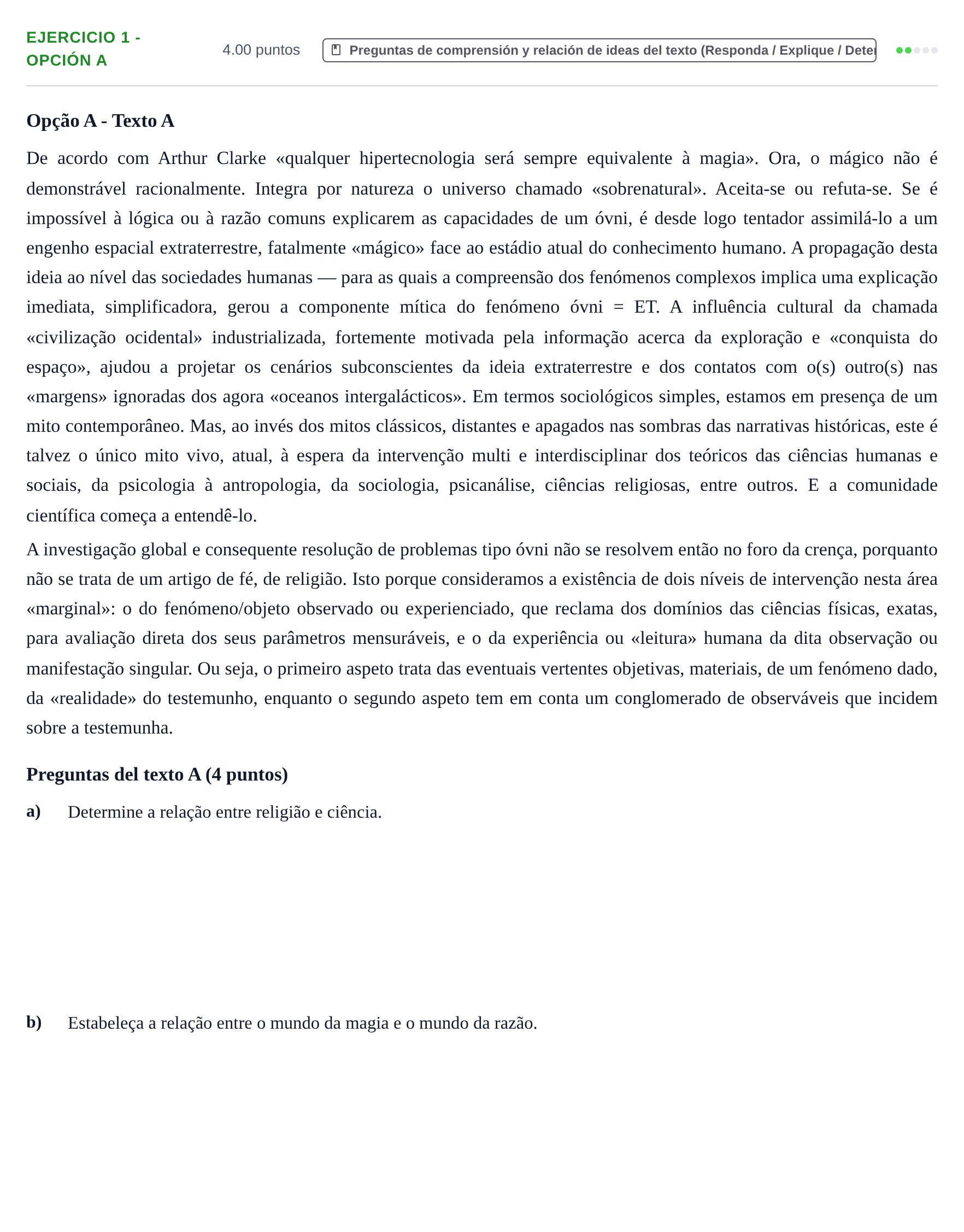 Enunciado: Ejercicio 1 - Opción A · Portugués PAU Asturias Extraordinaria (2ª lengua extranjera) 2025