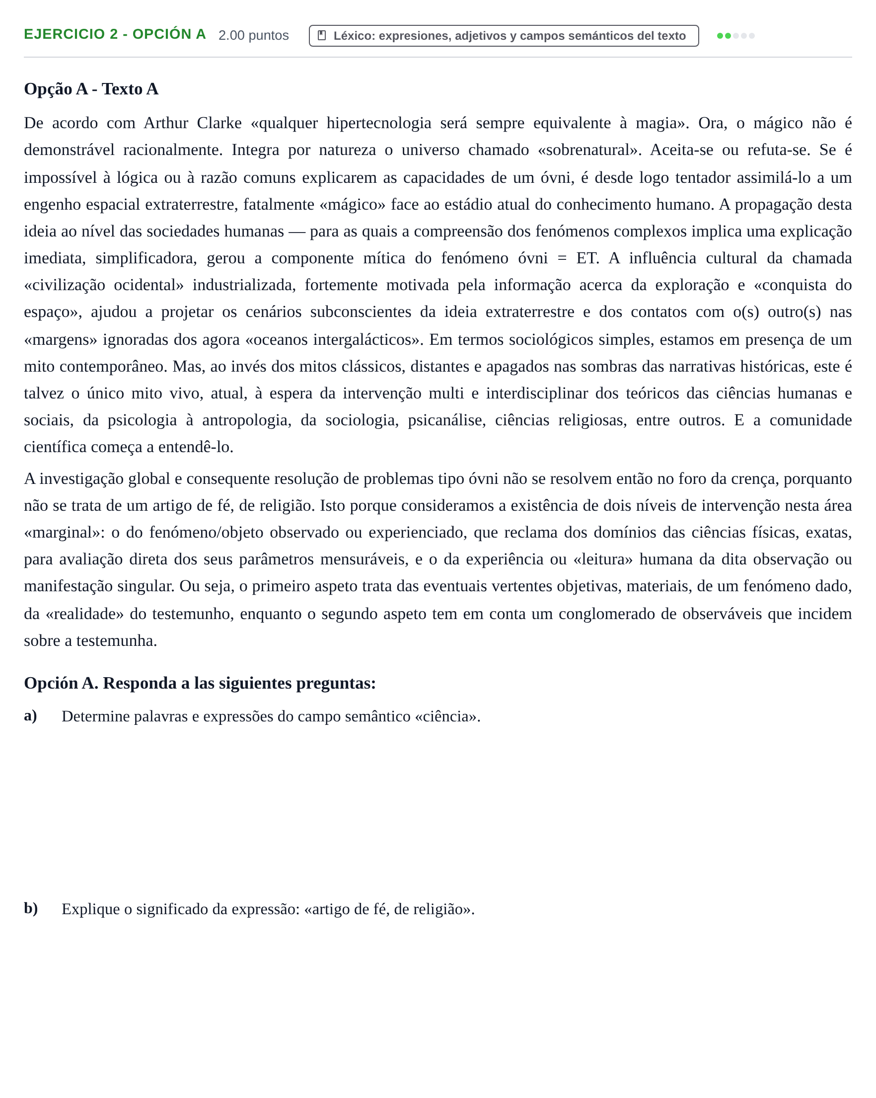 Enunciado: Ejercicio 2 - Opción A · Portugués PAU Asturias Extraordinaria (2ª lengua extranjera) 2025