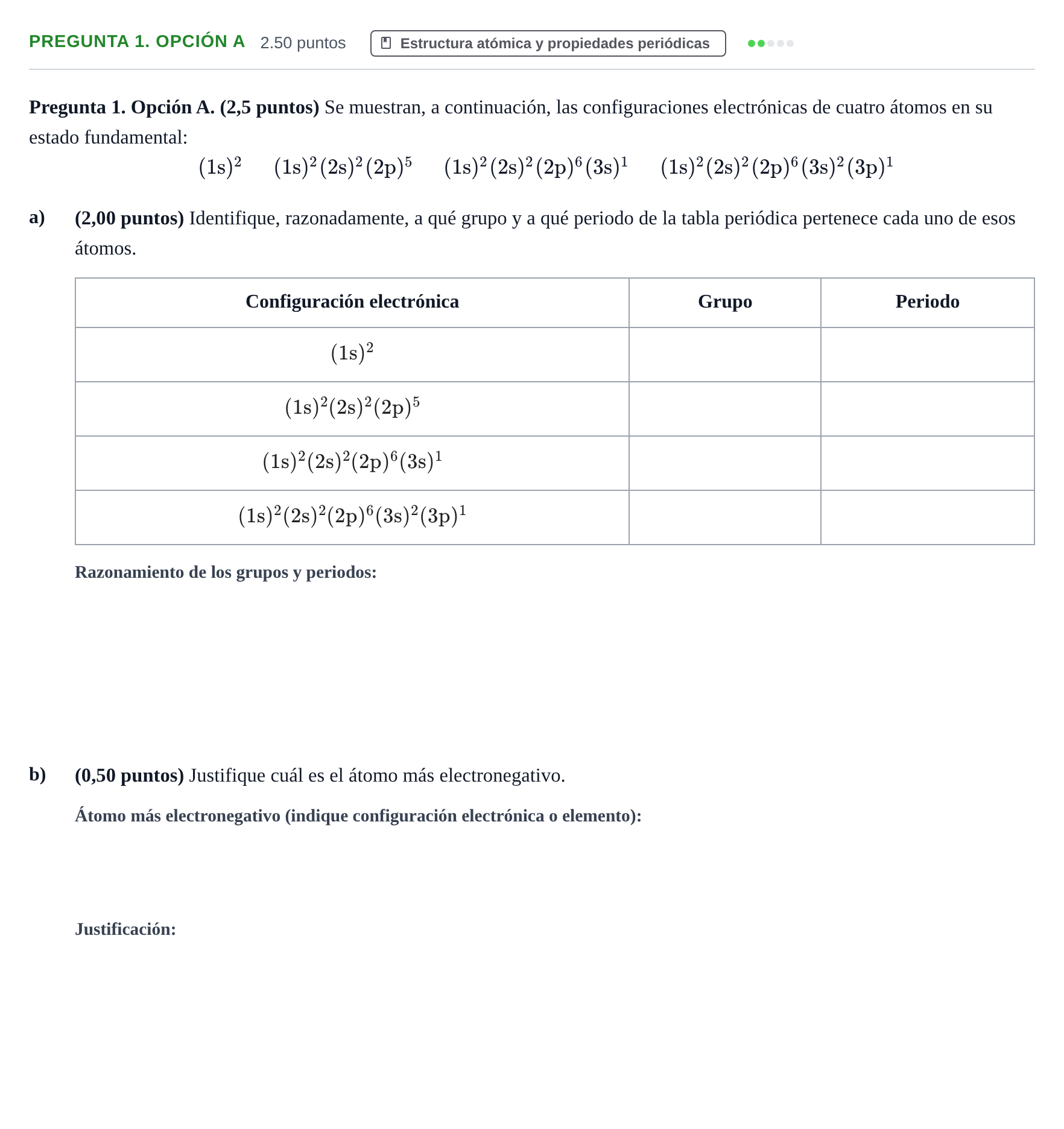 Enunciado: Pregunta 1. Opción A · Química PAU Asturias Extraordinaria 2025