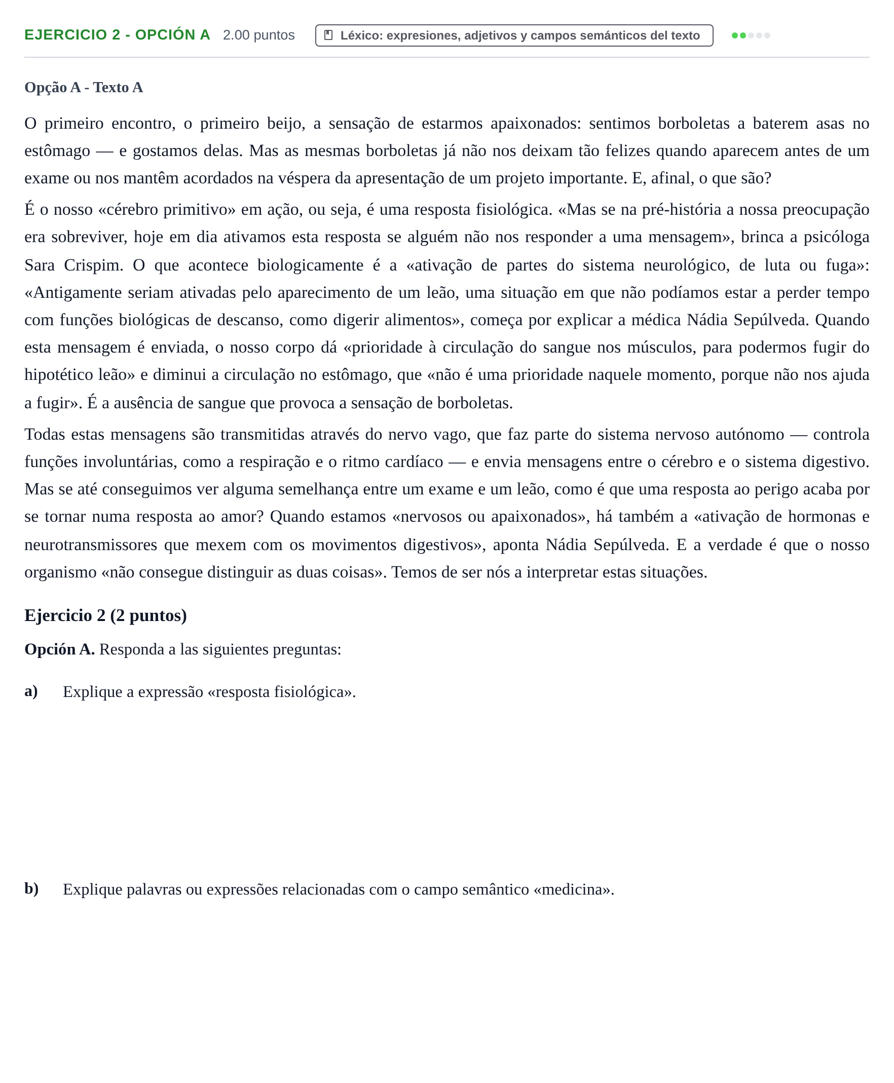 Enunciado: Ejercicio 2 - Opción A · Portugués PAU Asturias Ordinaria (2ª lengua extranjera) 2025
