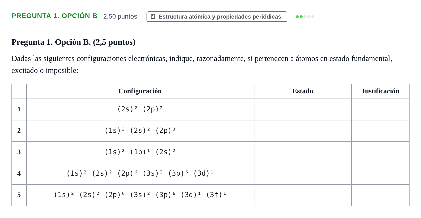 Enunciado: Pregunta 1. Opción B · Química PAU Asturias Ordinaria 2025