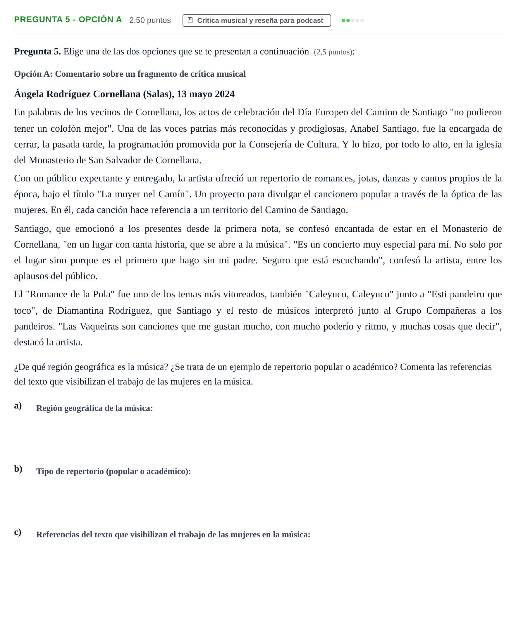 Enunciado: Pregunta 5 - Opción A · Análisis Musical II PAU Asturias Extraordinaria 2025