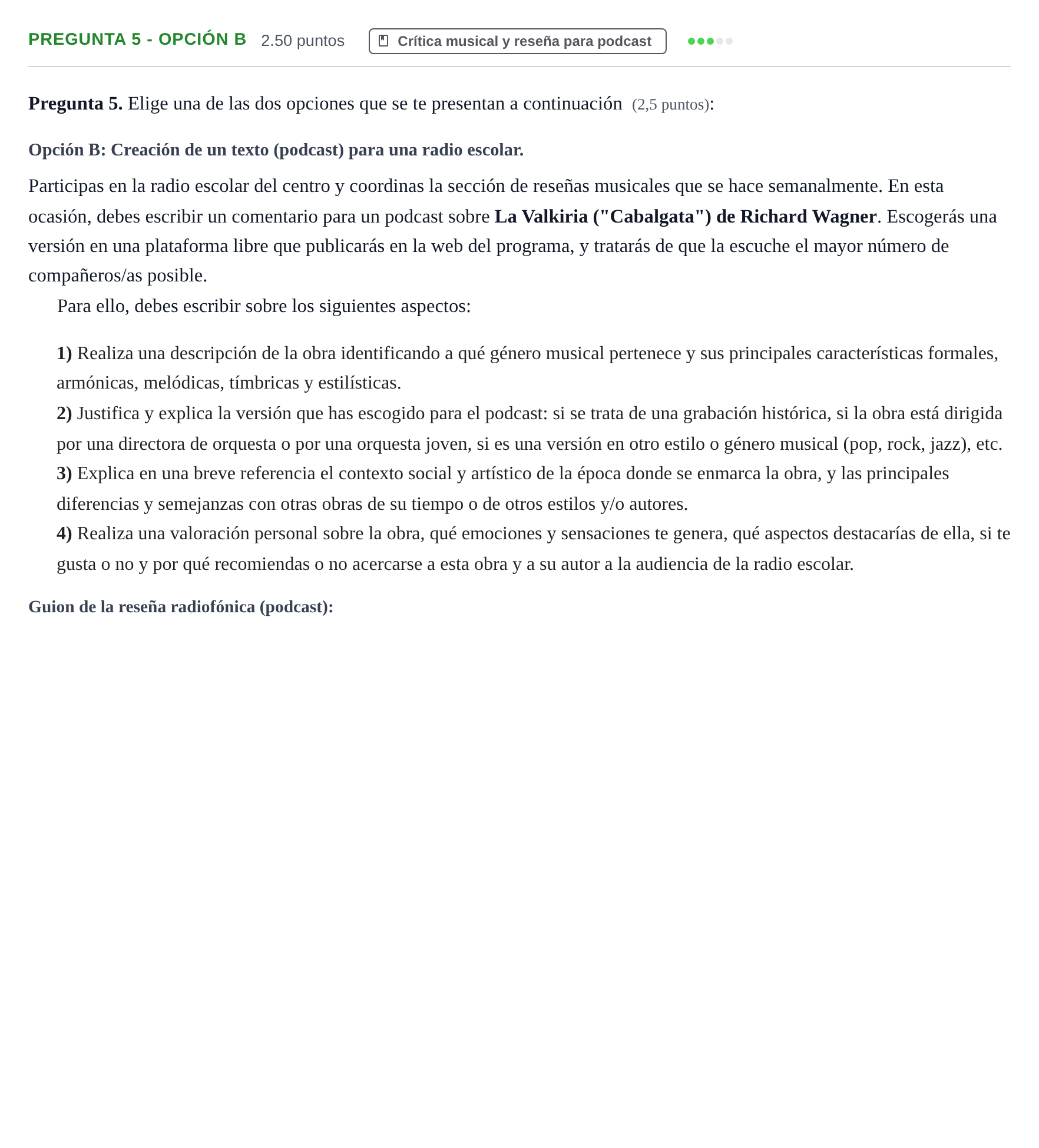Enunciado: Pregunta 5 - Opción B · Análisis Musical II PAU Asturias Extraordinaria 2025