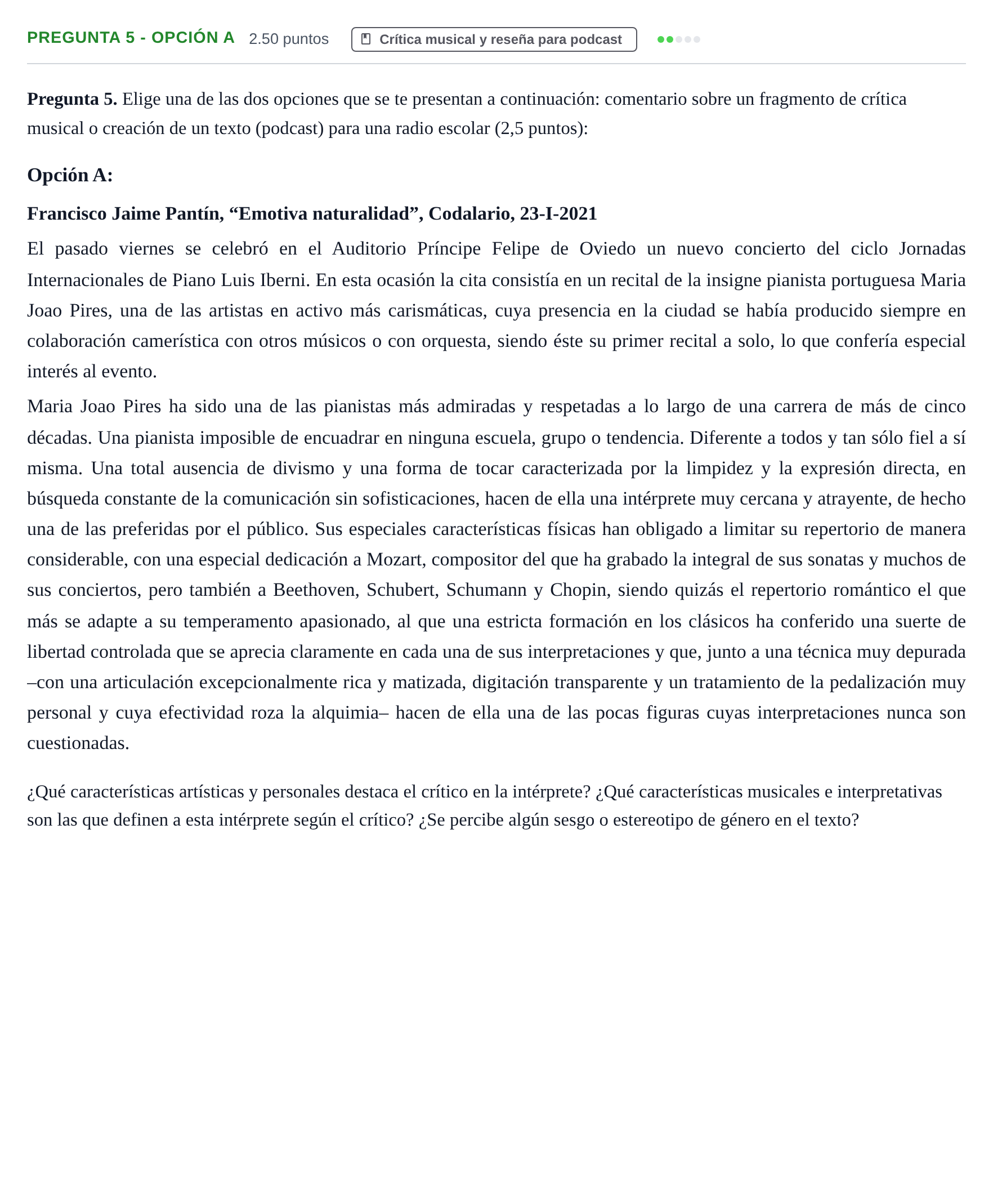 Enunciado: Pregunta 5 - Opción A · Análisis Musical II PAU Asturias Ordinaria 2025