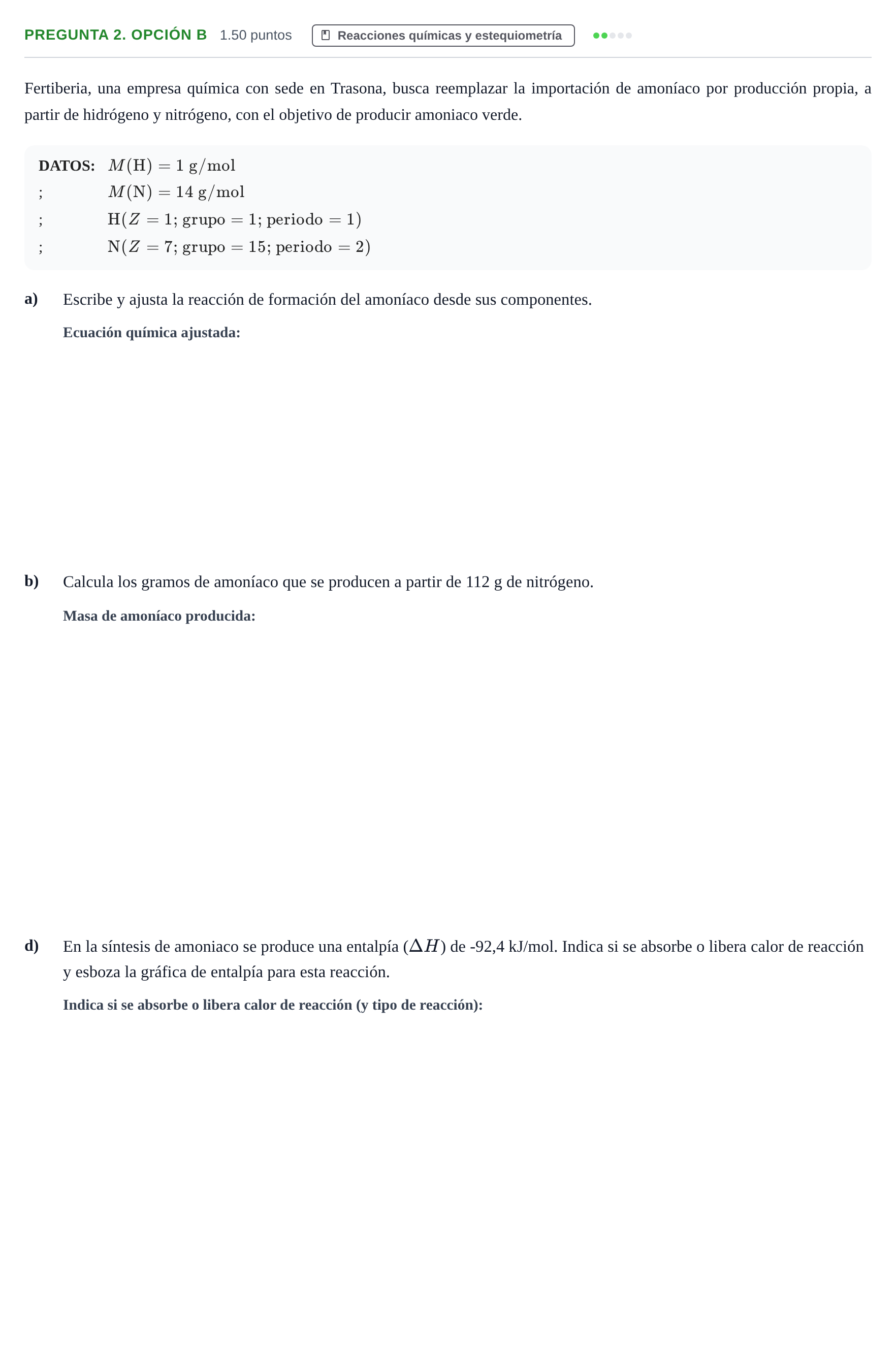 Enunciado: Pregunta 2. Opción B - Reacciones químicas y este… · Ciencias Generales PAU Asturias Ordinaria 2025