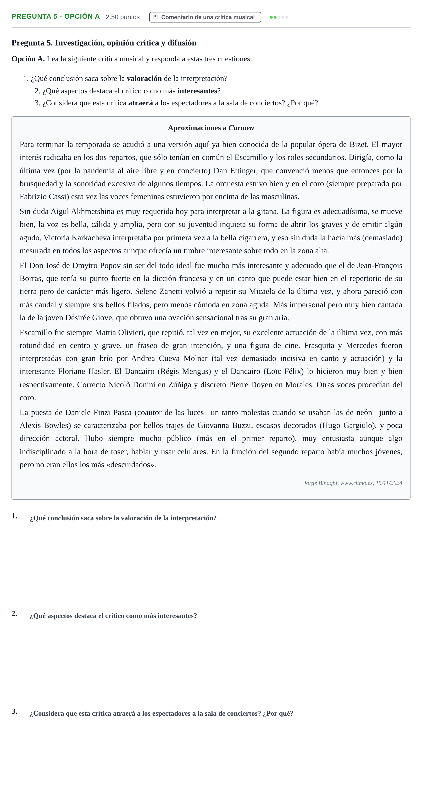 Enunciado: Pregunta 5 - Opción A · Historia de la Música y de la Danza PAU Asturias Extraordinaria 2025