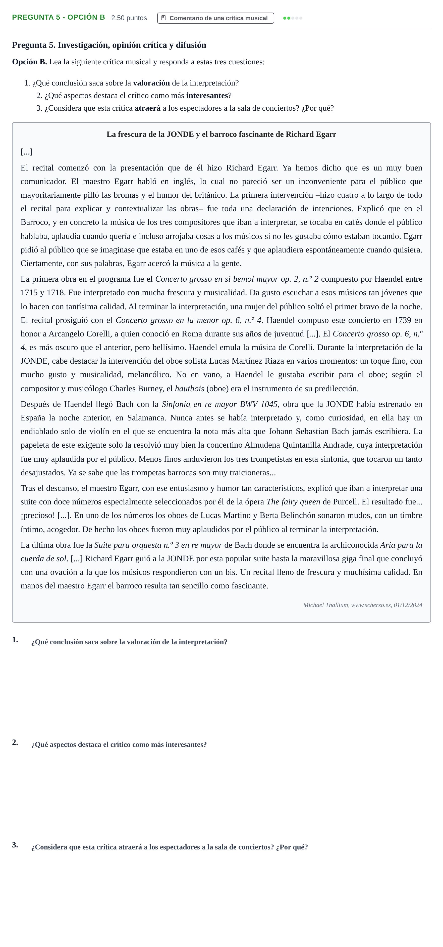 Enunciado: Pregunta 5 - Opción B · Historia de la Música y de la Danza PAU Asturias Extraordinaria 2025