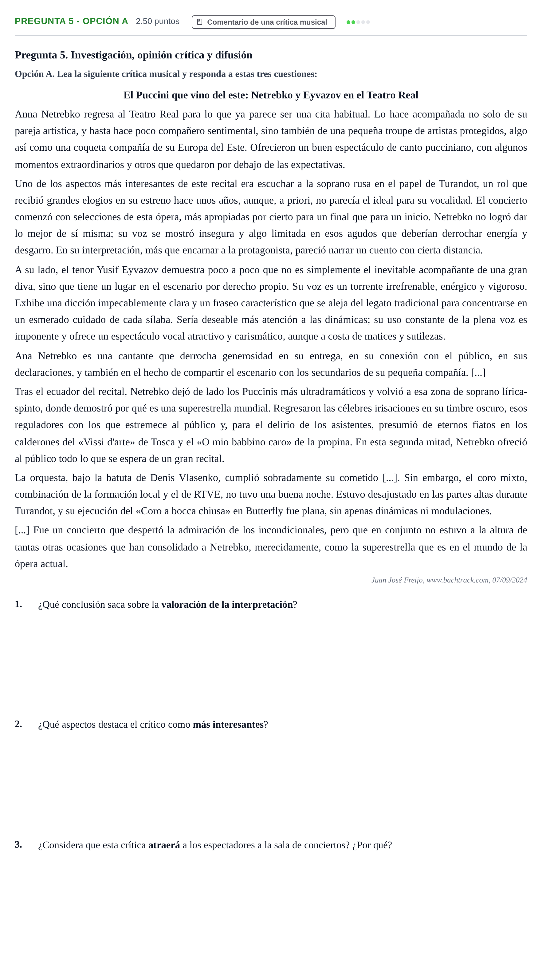 Enunciado: Pregunta 5 - Opción A · Historia de la Música y de la Danza PAU Asturias Ordinaria 2025