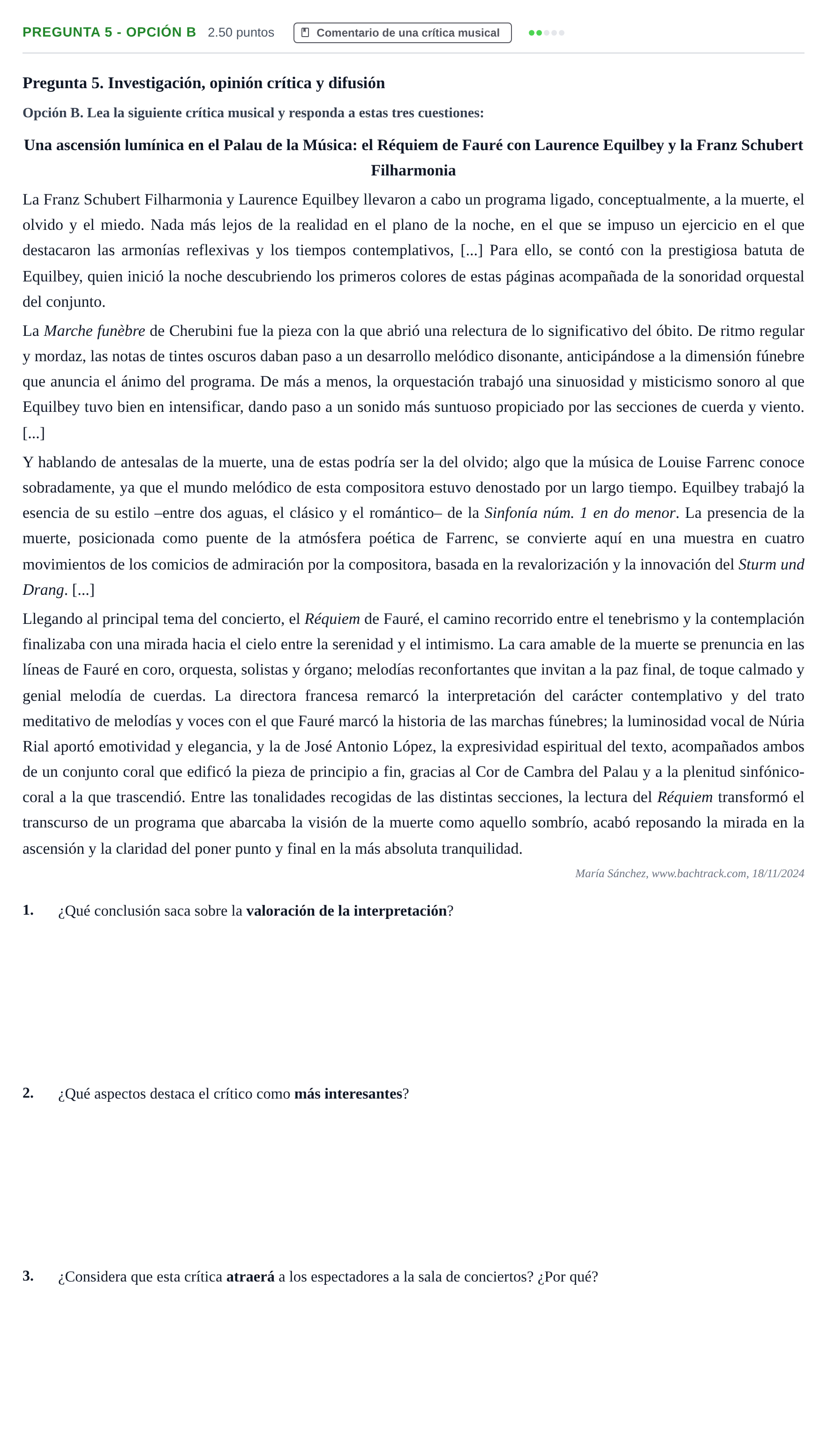 Enunciado: Pregunta 5 - Opción B · Historia de la Música y de la Danza PAU Asturias Ordinaria 2025