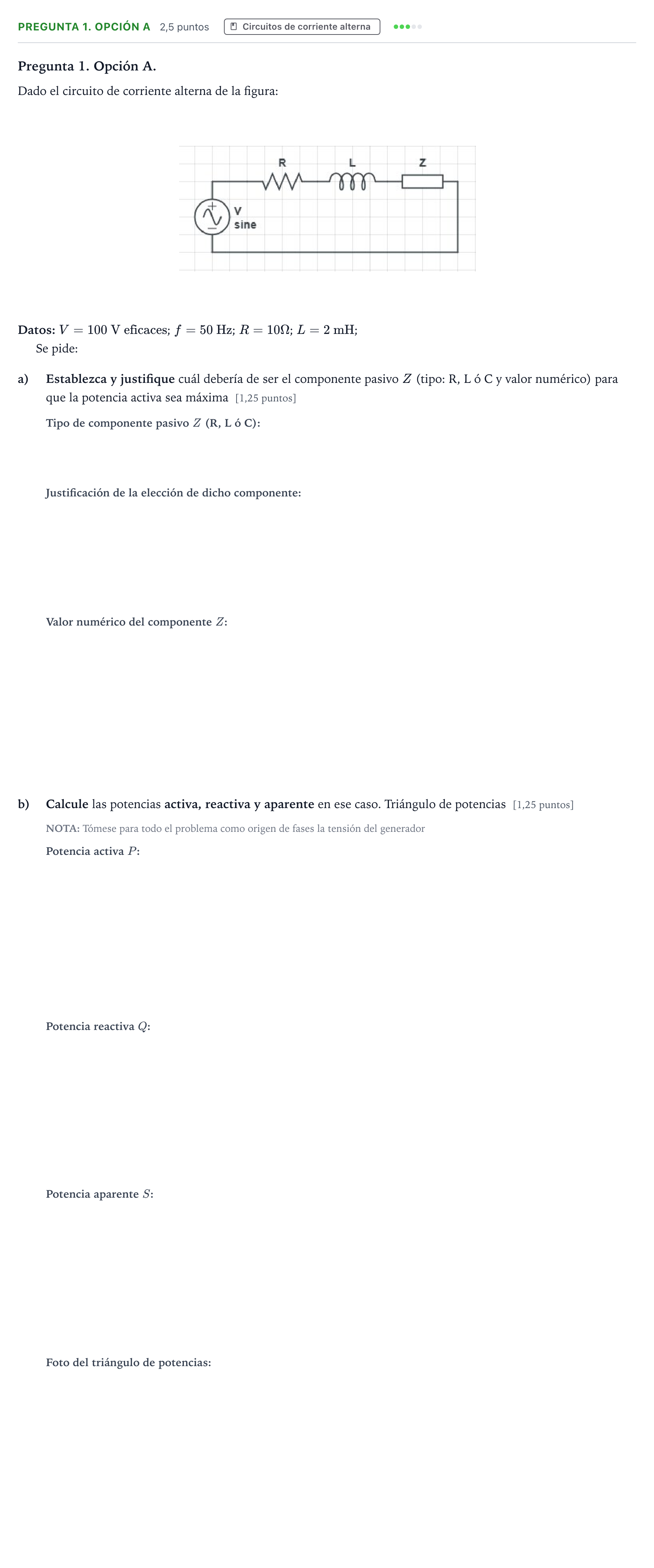 Enunciado: Pregunta 1. Opción A · Tecnología e Ingeniería II PAU Asturias Ordinaria 2025