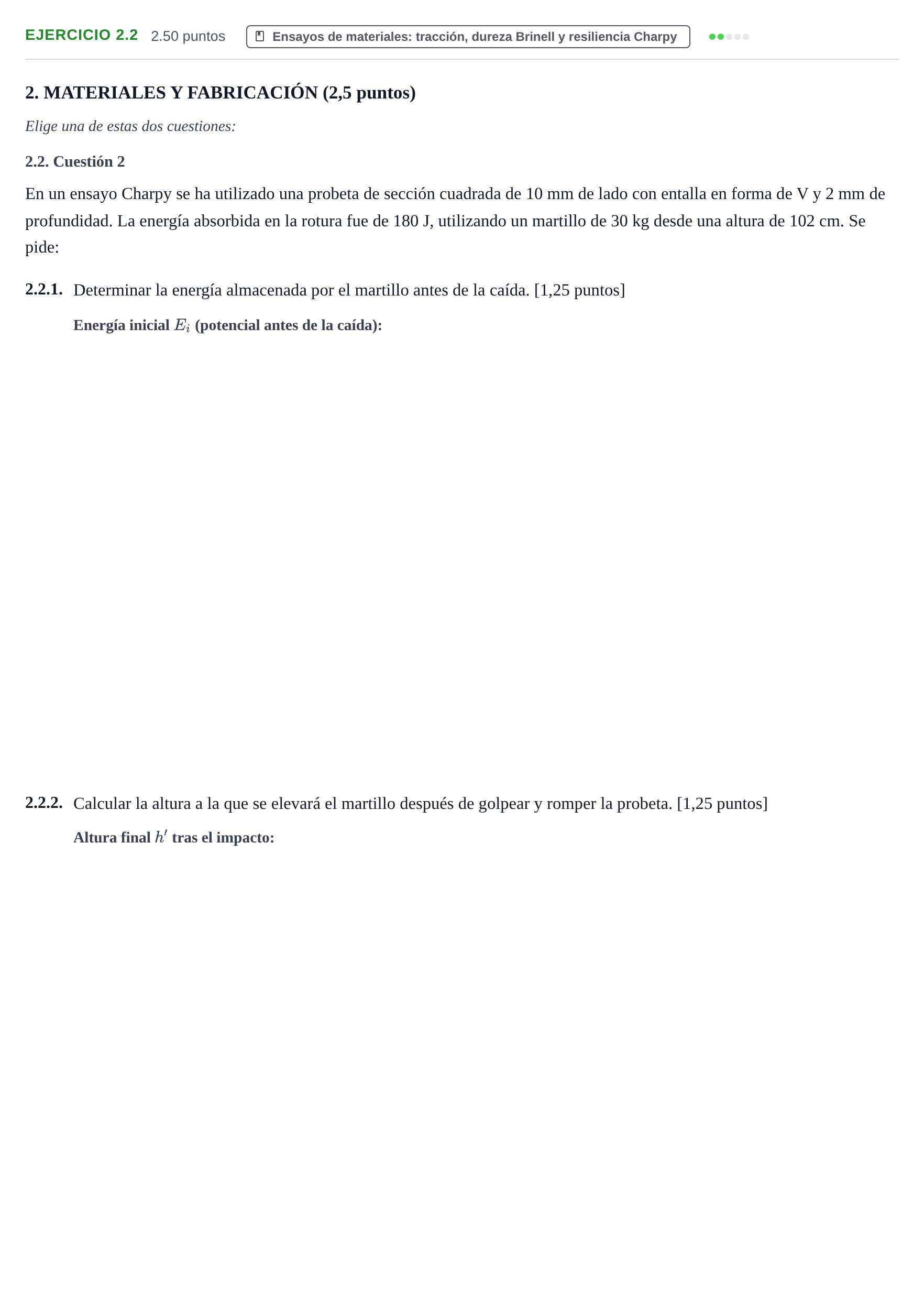 Enunciado: Ejercicio 2.2 · Tecnología e Ingeniería II PAU Extremadura Ordinaria 2026