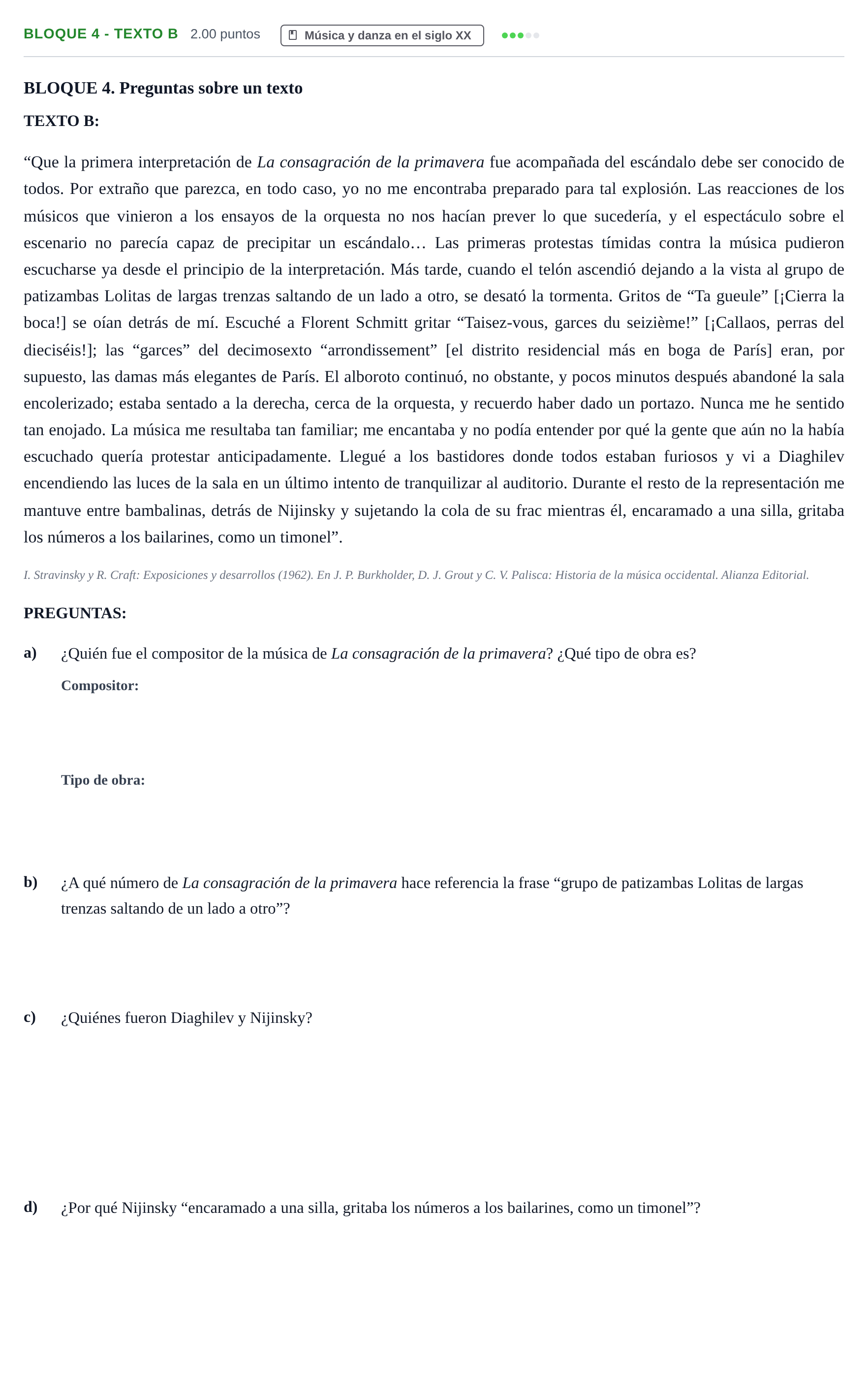 Enunciado: Bloque 4 - Texto B · Historia de la Música y de la Danza PAU Extremadura Ordinaria 2026