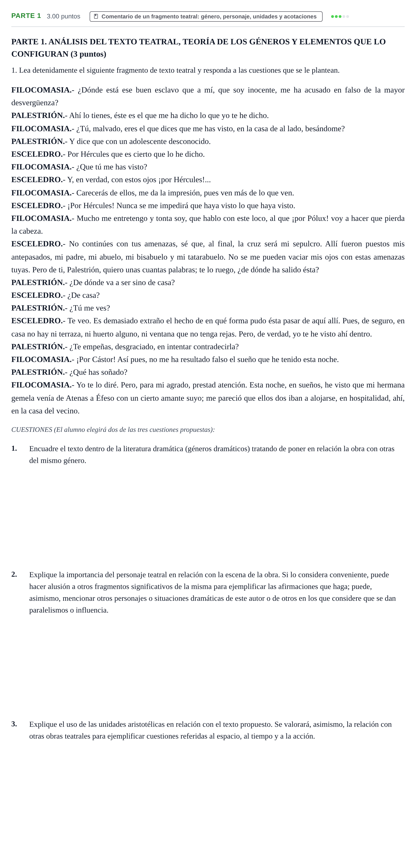 Enunciado: Ejercicio Parte 1 · Literatura Dramática PAU Extremadura Extraordinaria 2026