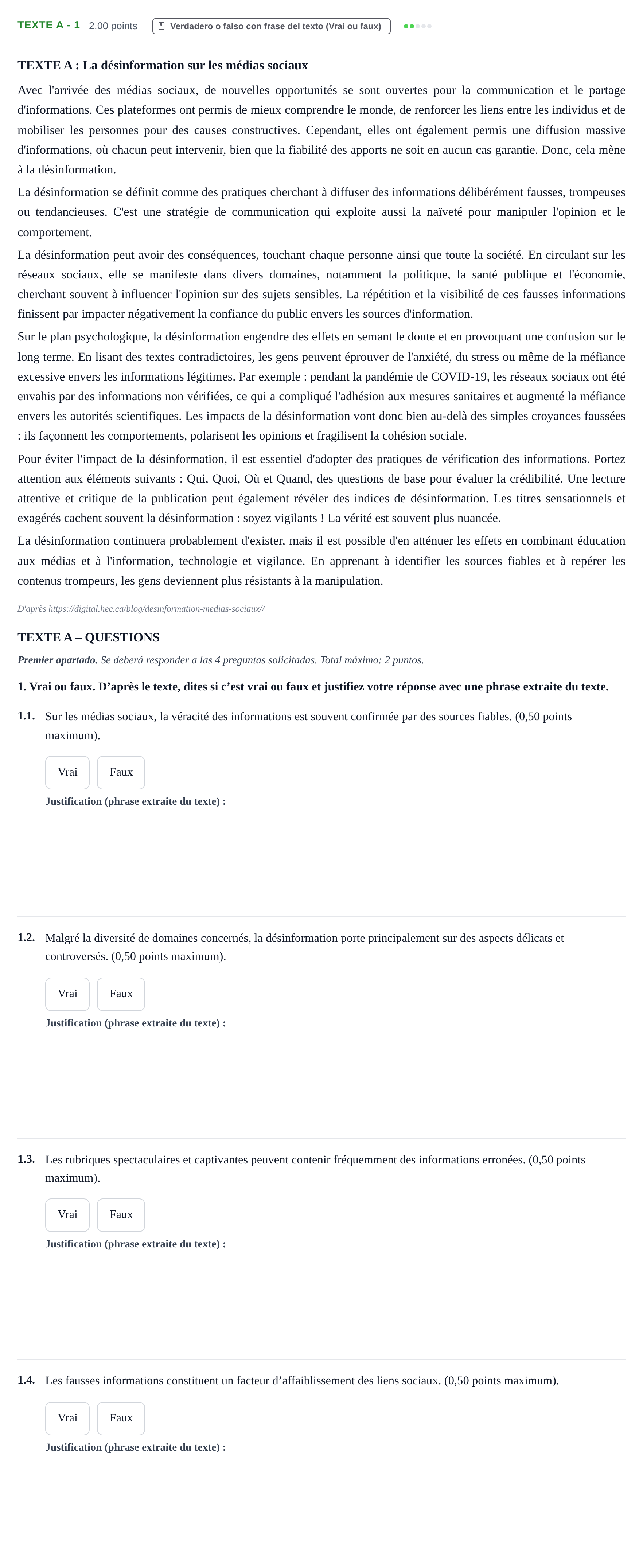Enunciado: Ejercicio Texte A - 1 · Francés PAU Extremadura Ordinaria 2025
