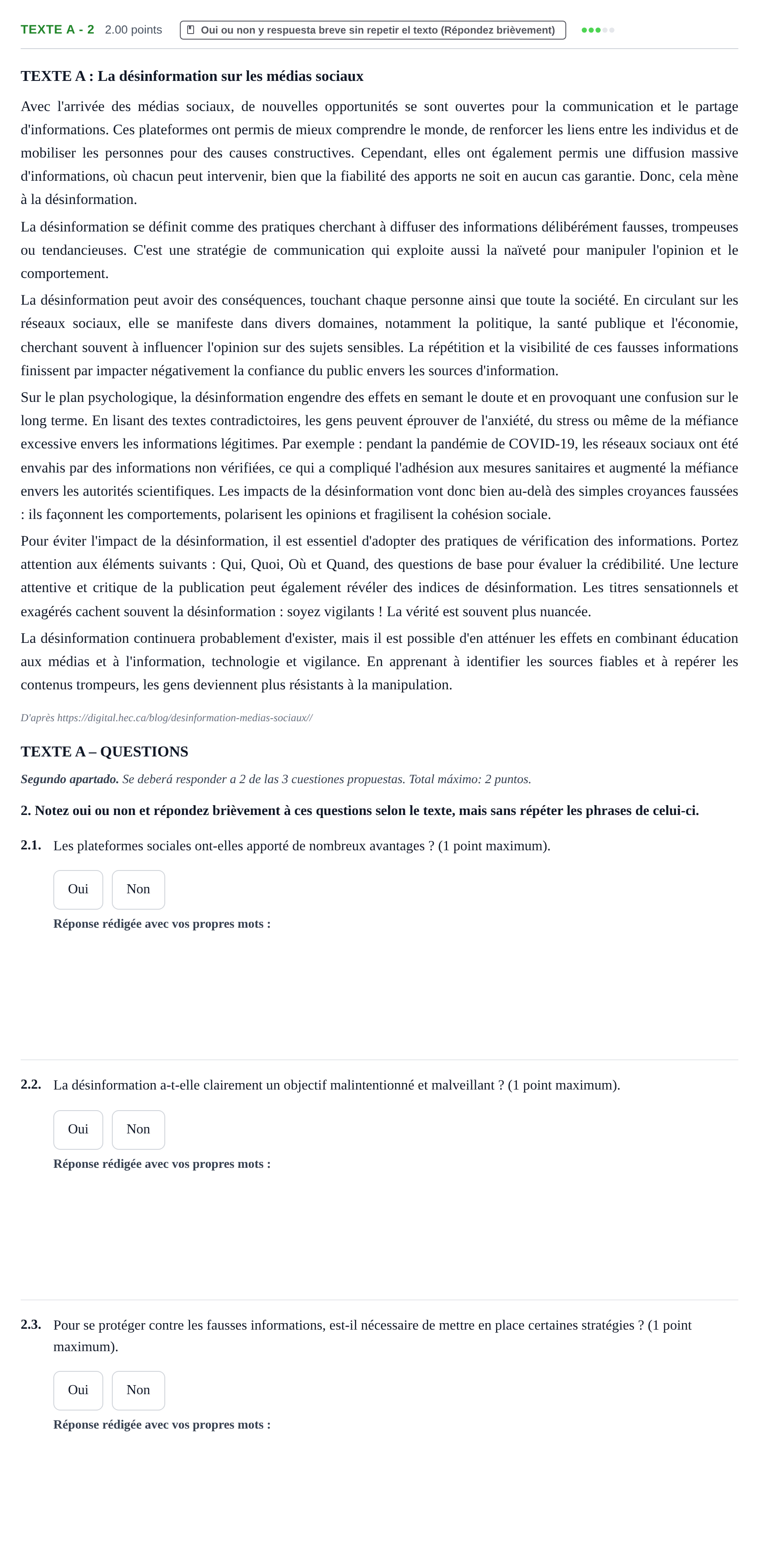 Enunciado: Ejercicio Texte A - 2 · Francés PAU Extremadura Ordinaria 2025