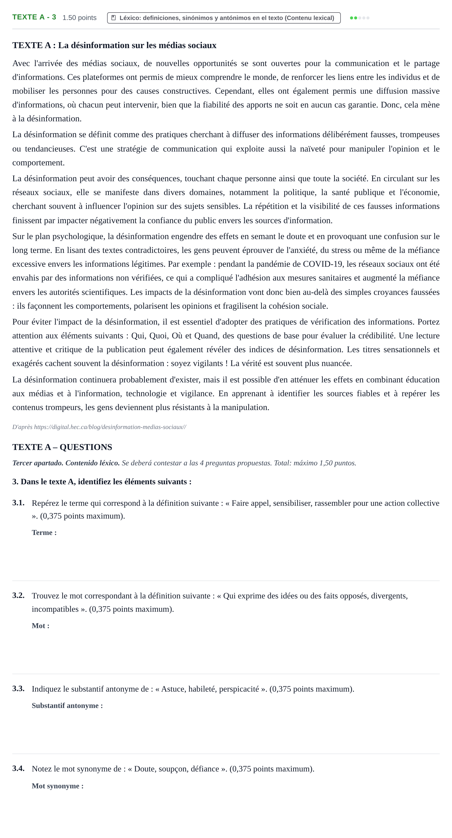 Enunciado: Ejercicio Texte A - 3 · Francés PAU Extremadura Ordinaria 2025