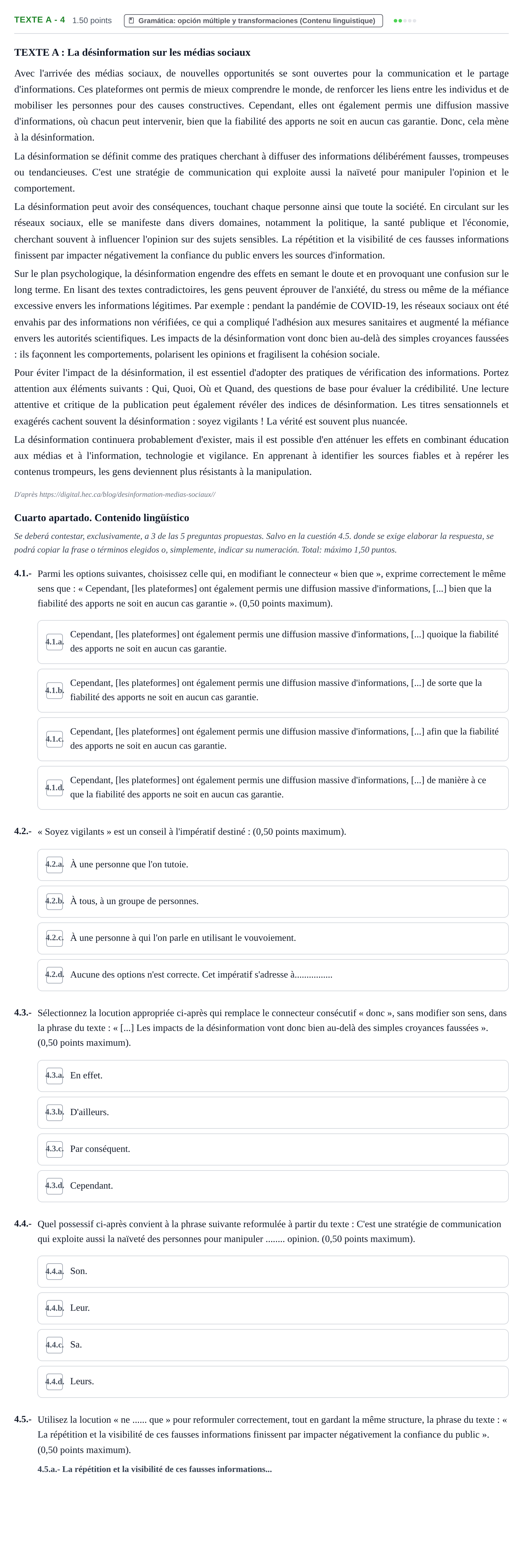 Enunciado: Ejercicio Texte A - 4 · Francés PAU Extremadura Ordinaria 2025