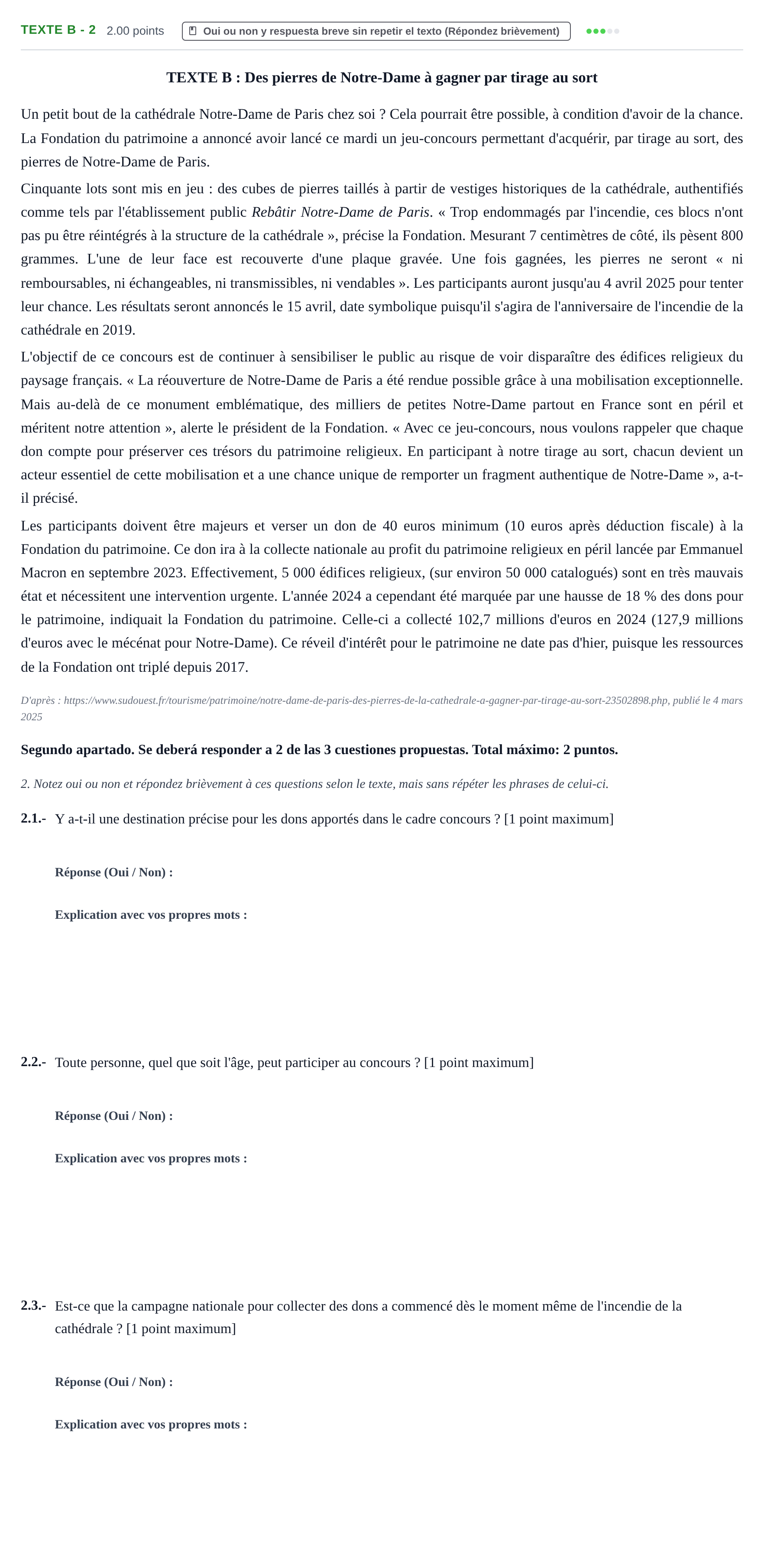 Enunciado: Ejercicio Texte B - 2 · Francés PAU Extremadura Ordinaria 2025