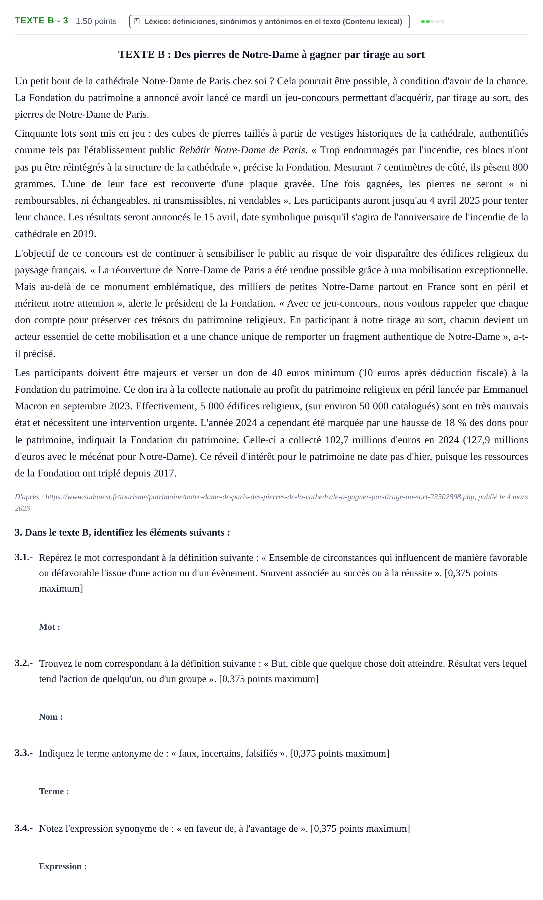Enunciado: Ejercicio Texte B - 3 · Francés PAU Extremadura Ordinaria 2025