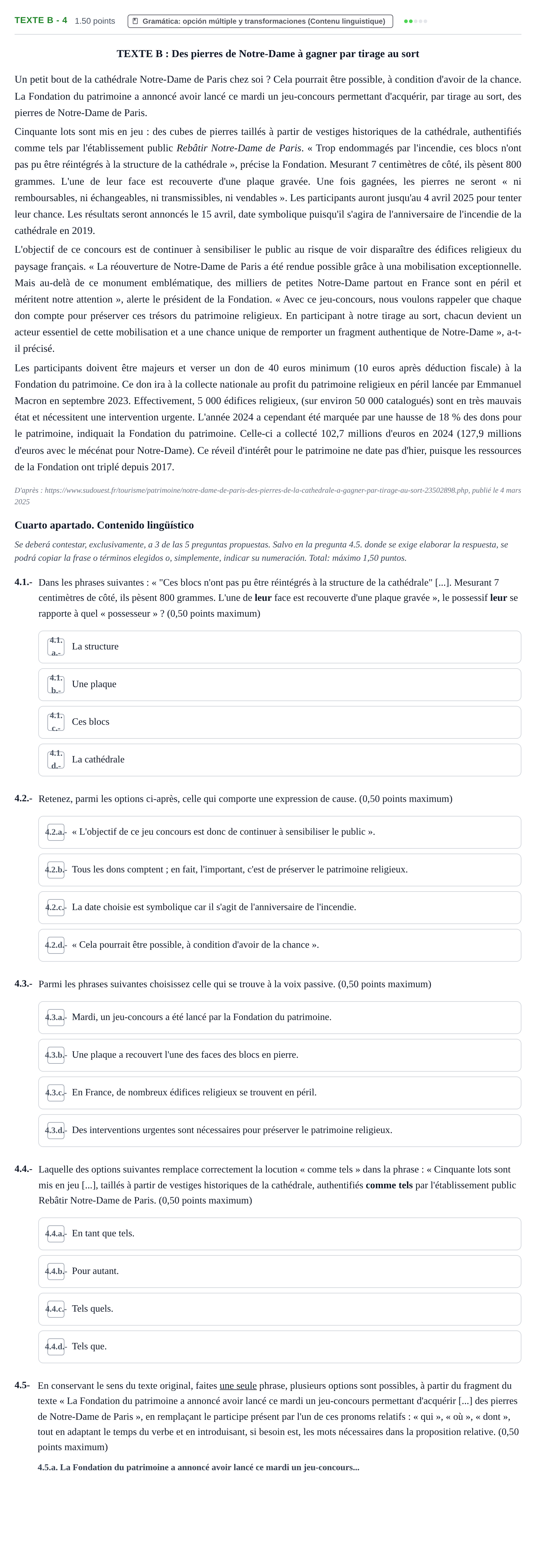 Enunciado: Ejercicio Texte B - 4 · Francés PAU Extremadura Ordinaria 2025