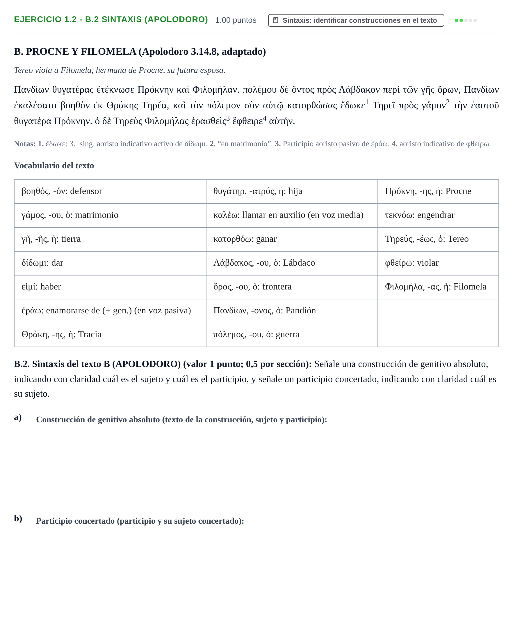 Enunciado: Ejercicio 1.2 - B.2 Sintaxis (Apolodoro) · Griego II PAU Extremadura Ordinaria 2025