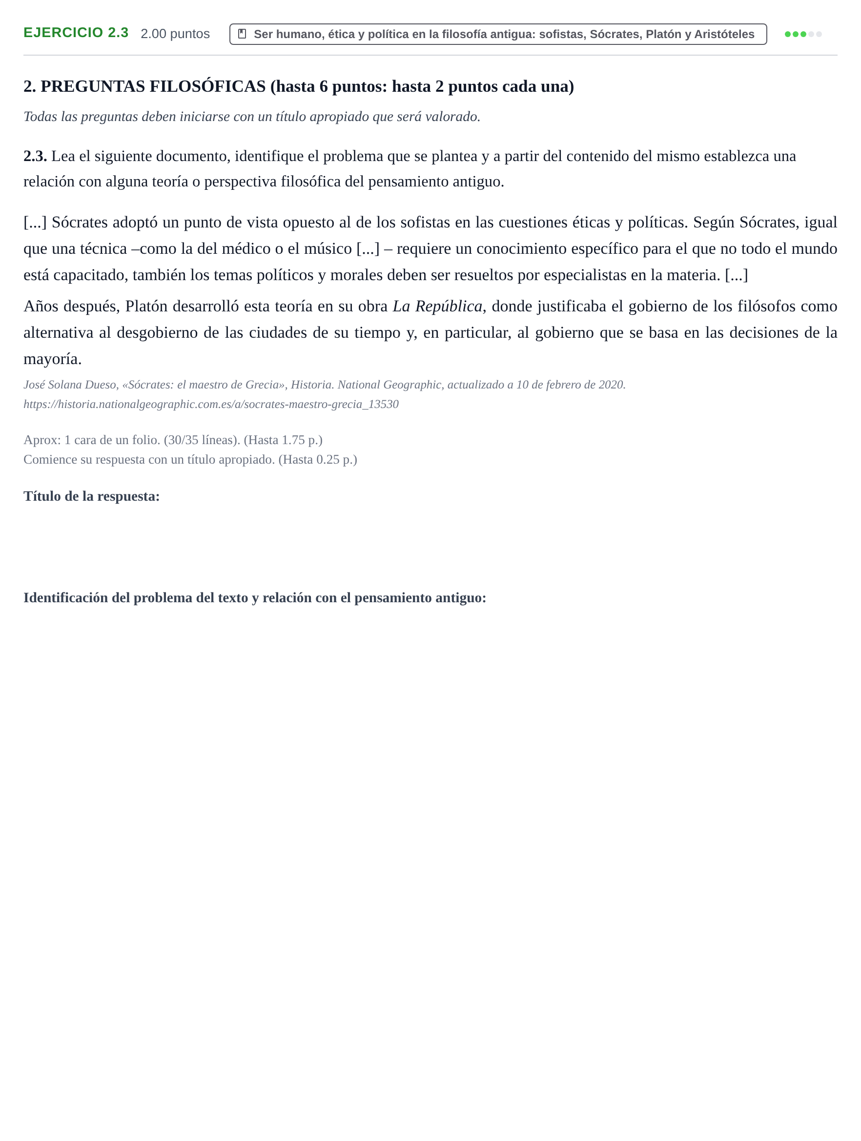 Enunciado: Ejercicio 2.3 · Historia de la Filosofía PAU Extremadura Ordinaria 2025
