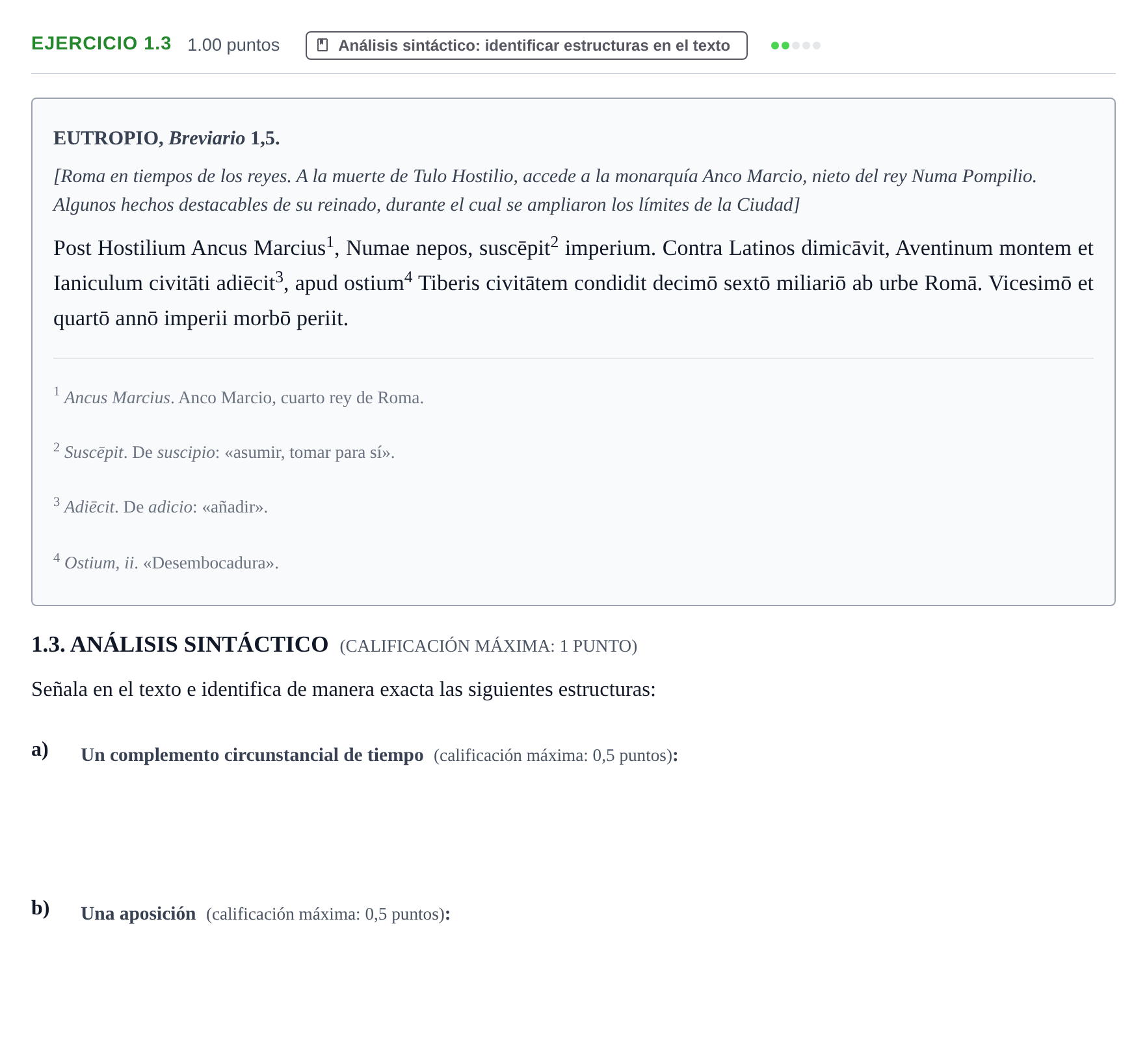 Enunciado: Ejercicio 1.3 · Latín II PAU Extremadura Ordinaria 2025