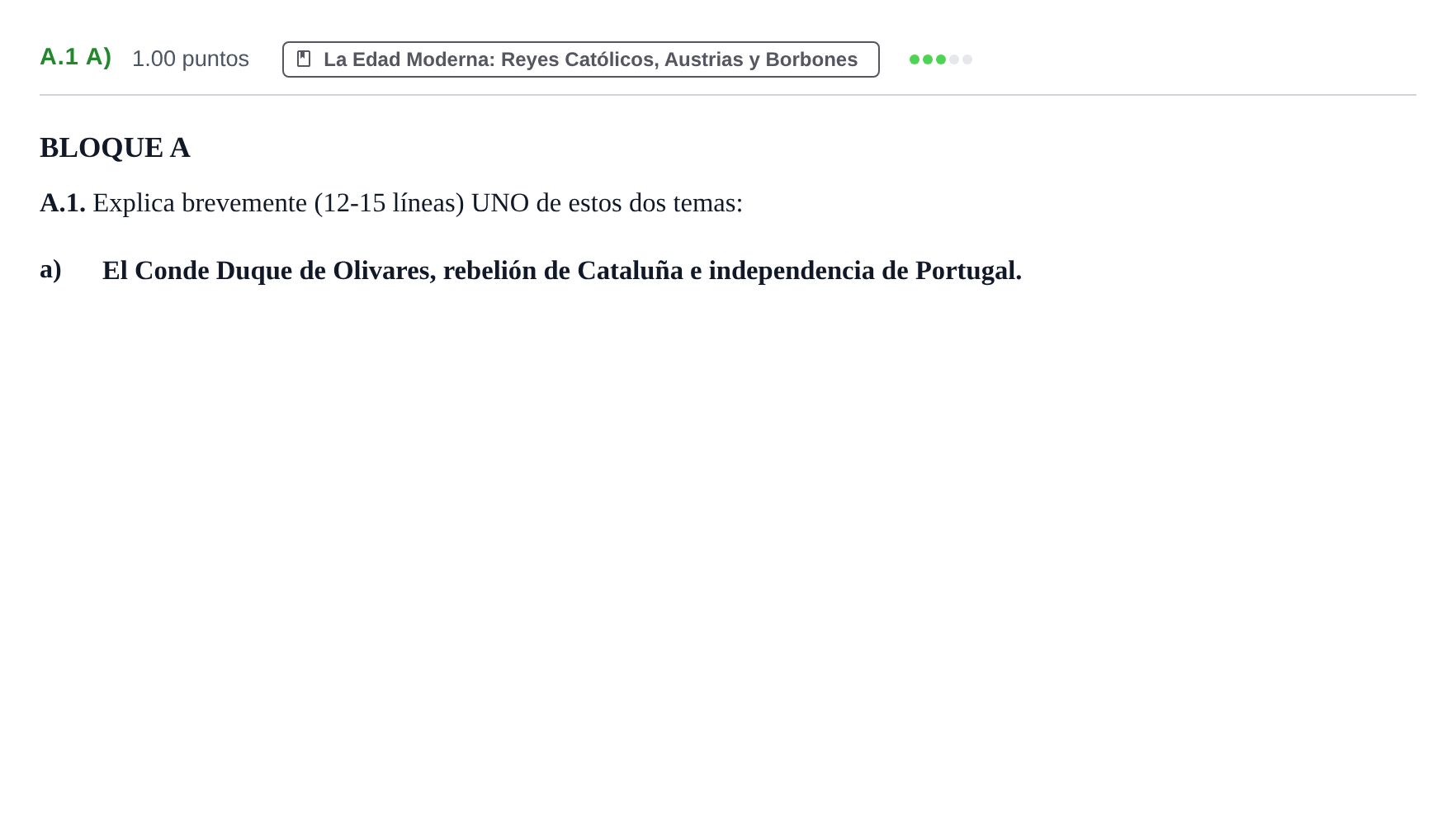 Enunciado: Ejercicio A.1 a) · Historia de España PAU Extremadura Ordinaria 2025